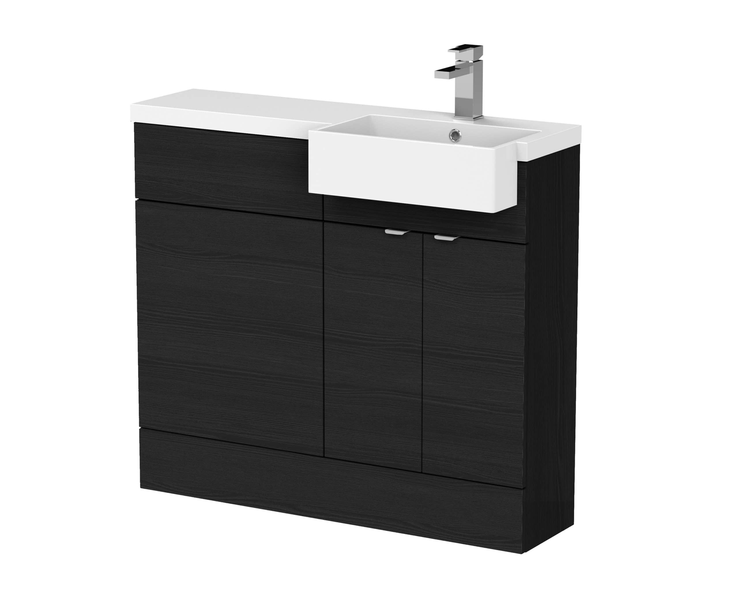 Modern black bathroom vanity with integrated sink and storage cabinets, ideal for contemporary bathroom refurbishments. Stylish and functional, designed for optimal space efficiency.