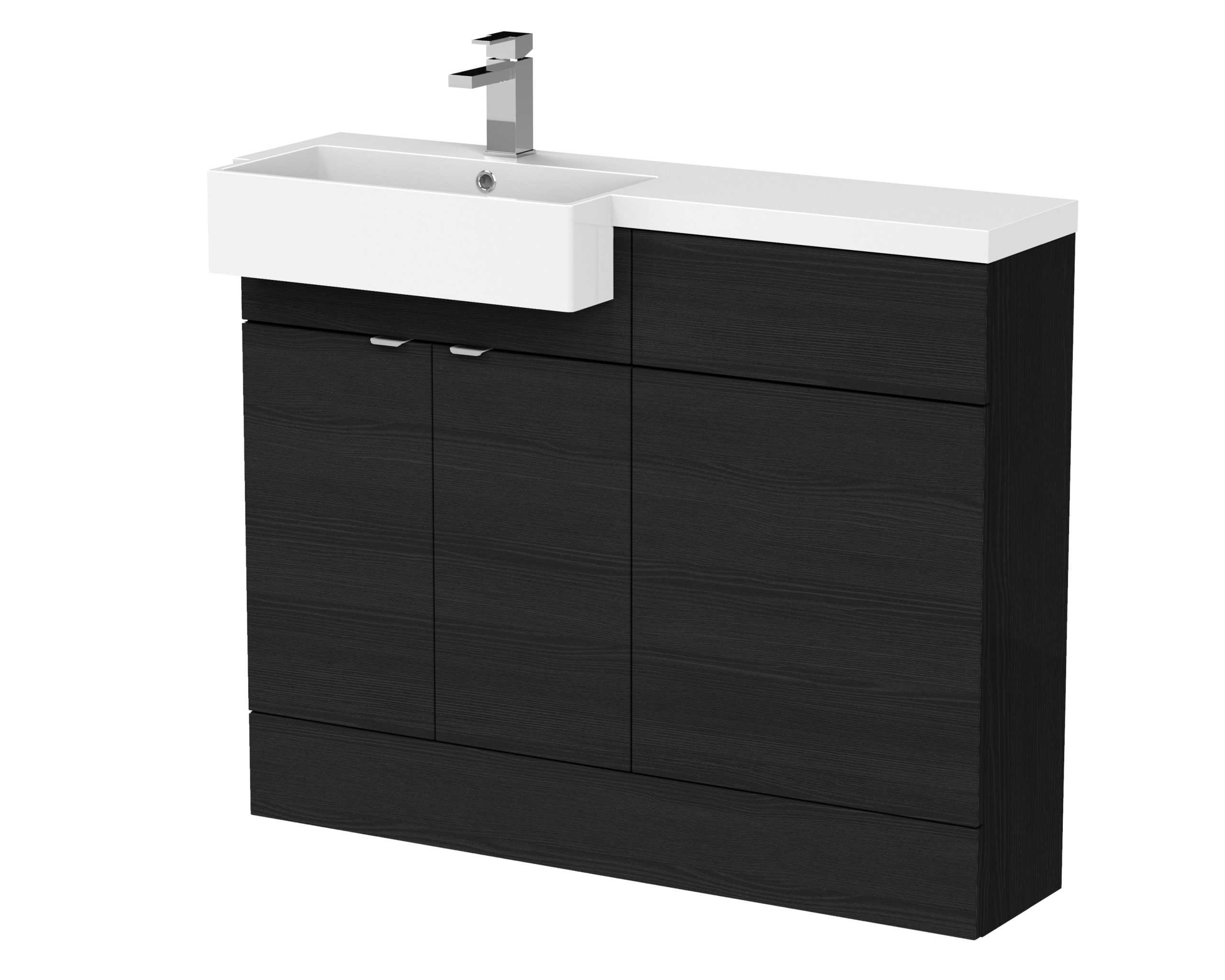 Modern black and white bathroom vanity with integrated sink and chrome faucet, stylish bathroom furniture for contemporary bathroom designs, durable and functional bathroom storage.