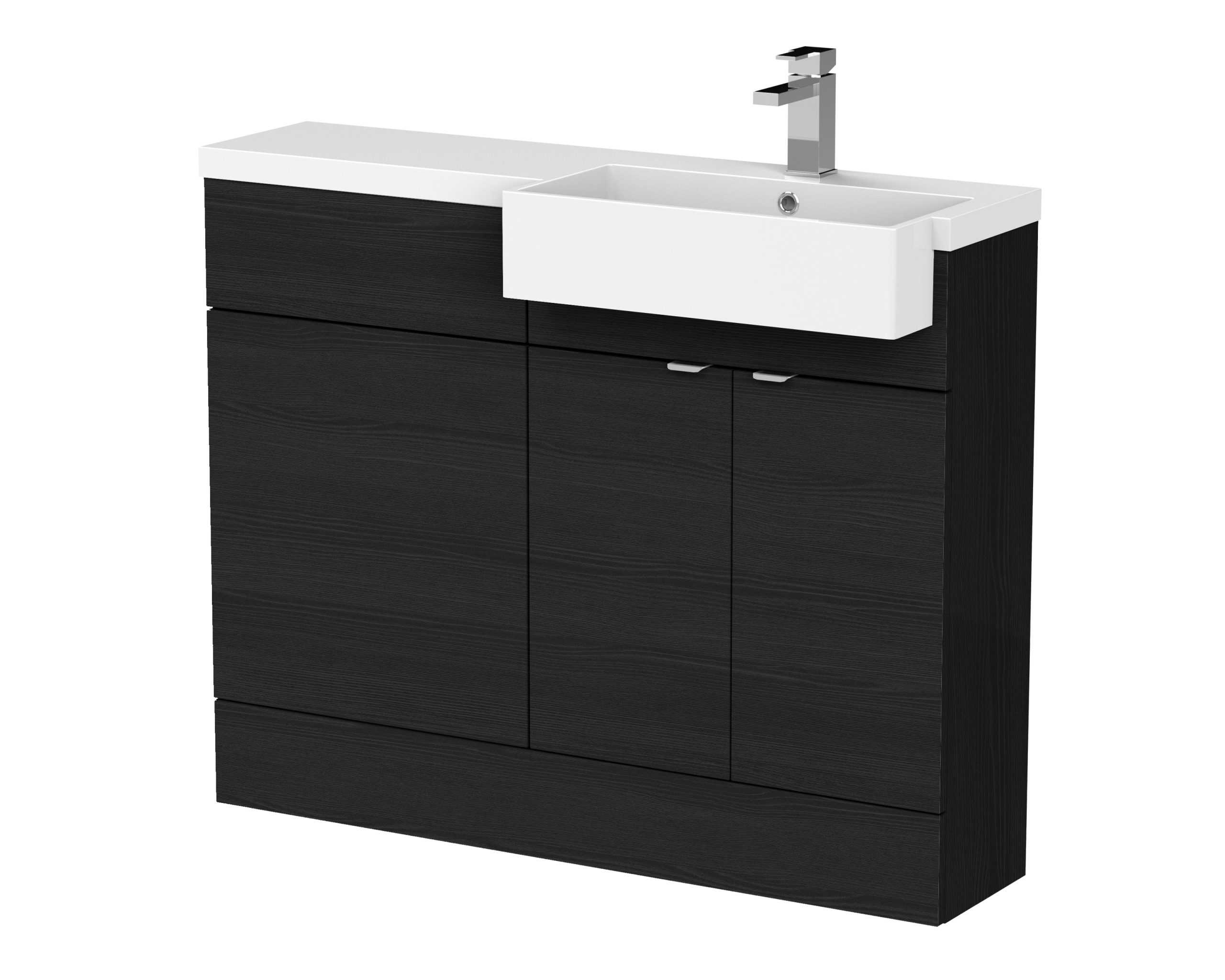 Contemporary bathroom vanity unit with integrated sink, black wood finish and chrome tap, ideal for modern bathroom decor.