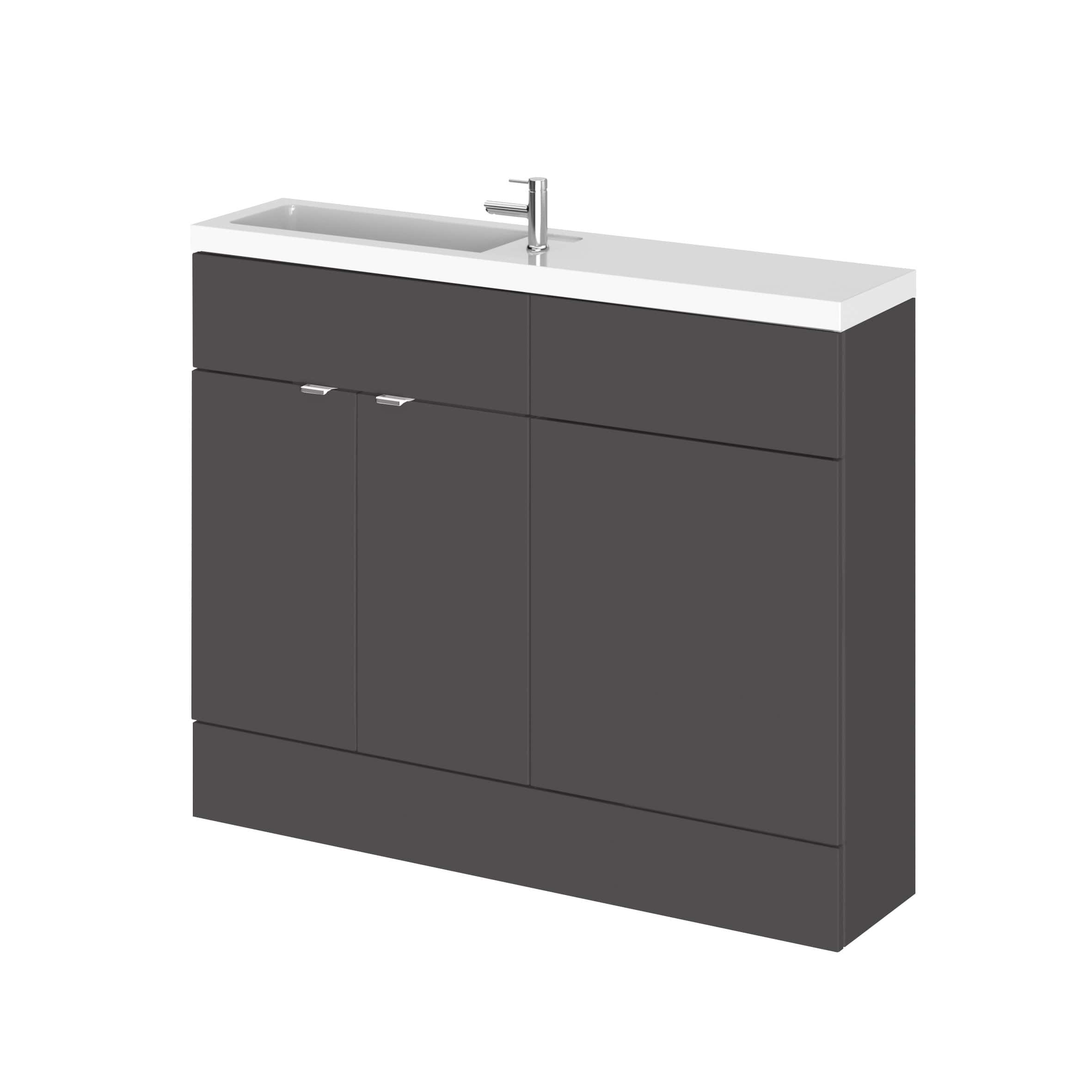 Modern bathroom vanity unit with integrated sink in dark grey finish, featuring sleek handles and a minimalist design, ideal for contemporary bathroom decor.