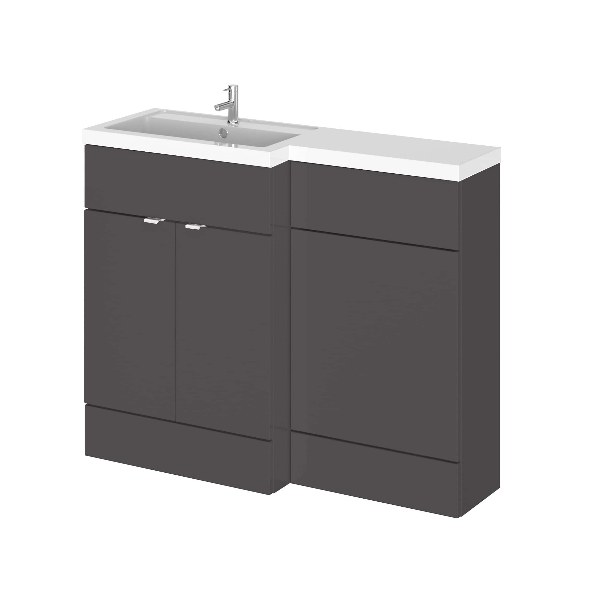Sleek modern bathroom vanity with dark grey cabinets and a white countertop, featuring a built-in sink and chrome tap, ideal for contemporary bathroom designs.