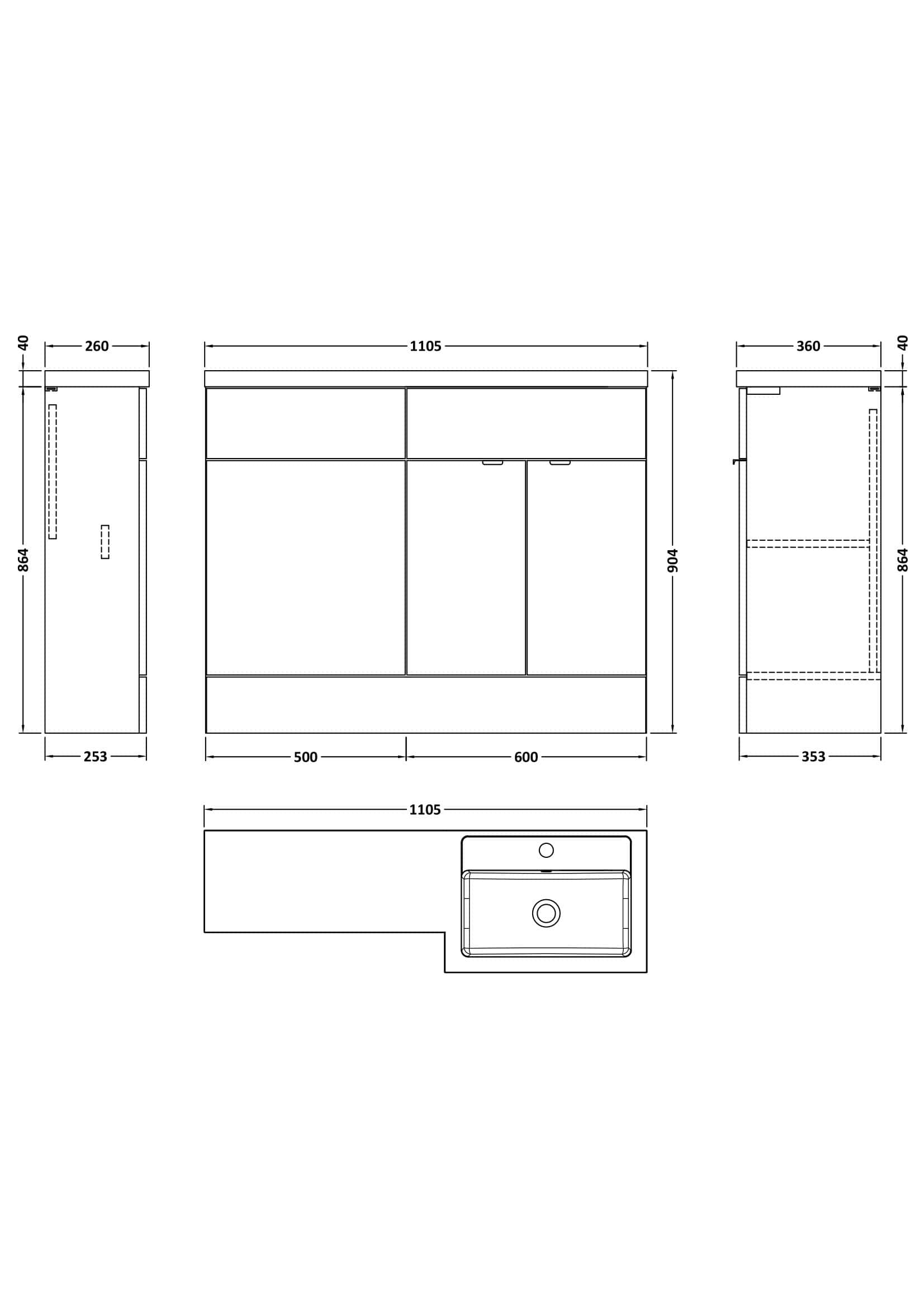 Modern bathroom vanity cabinet with sink, measuring 1105mm wide and 904mm high, featuring ample storage space for bathroom essentials. Perfect for stylish bathroom renovations and upgrades.