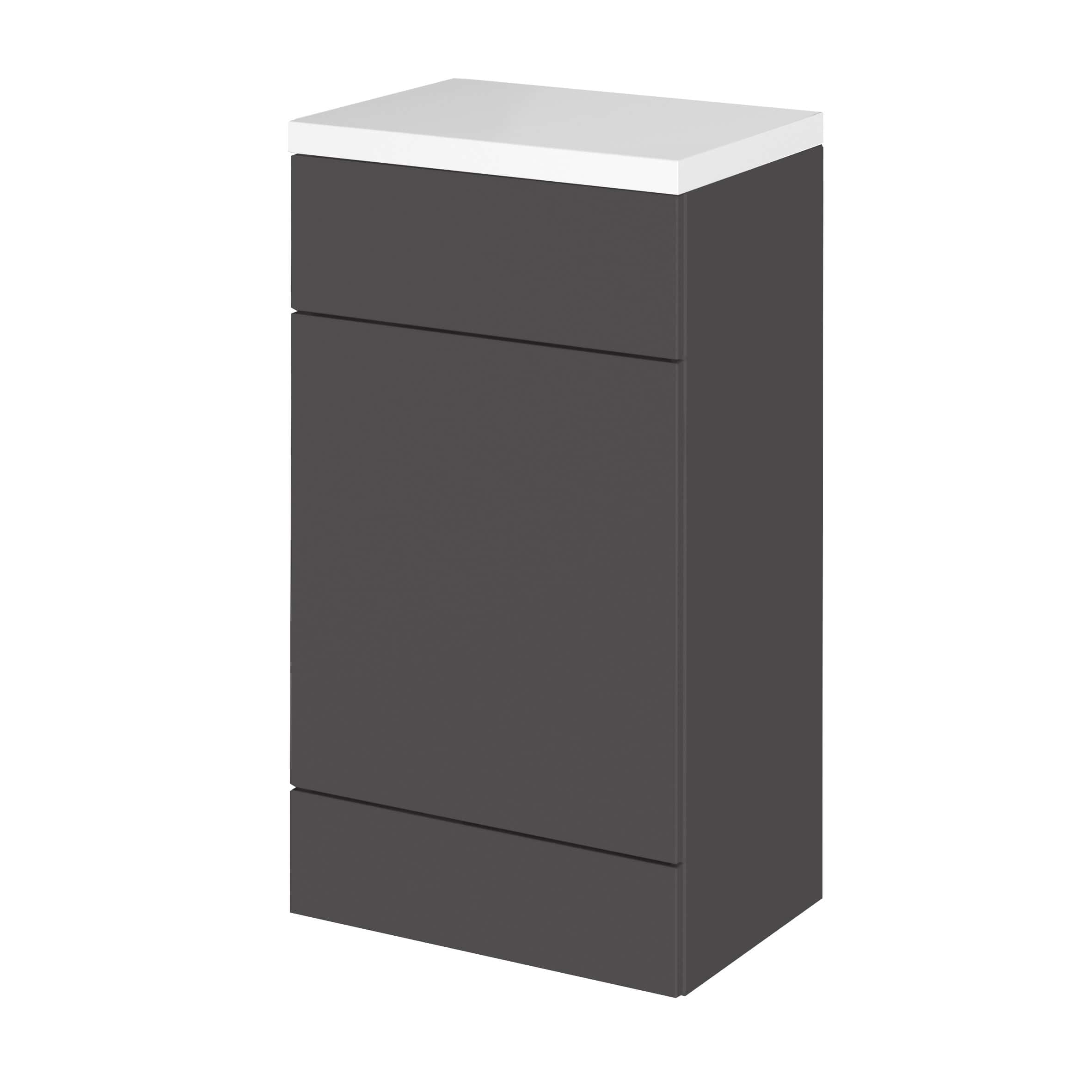 Sleek dark grey bathroom storage cabinet with three drawers, designed by Bubly Bathrooms for modern bathrooms. Compact and stylish storage solution.