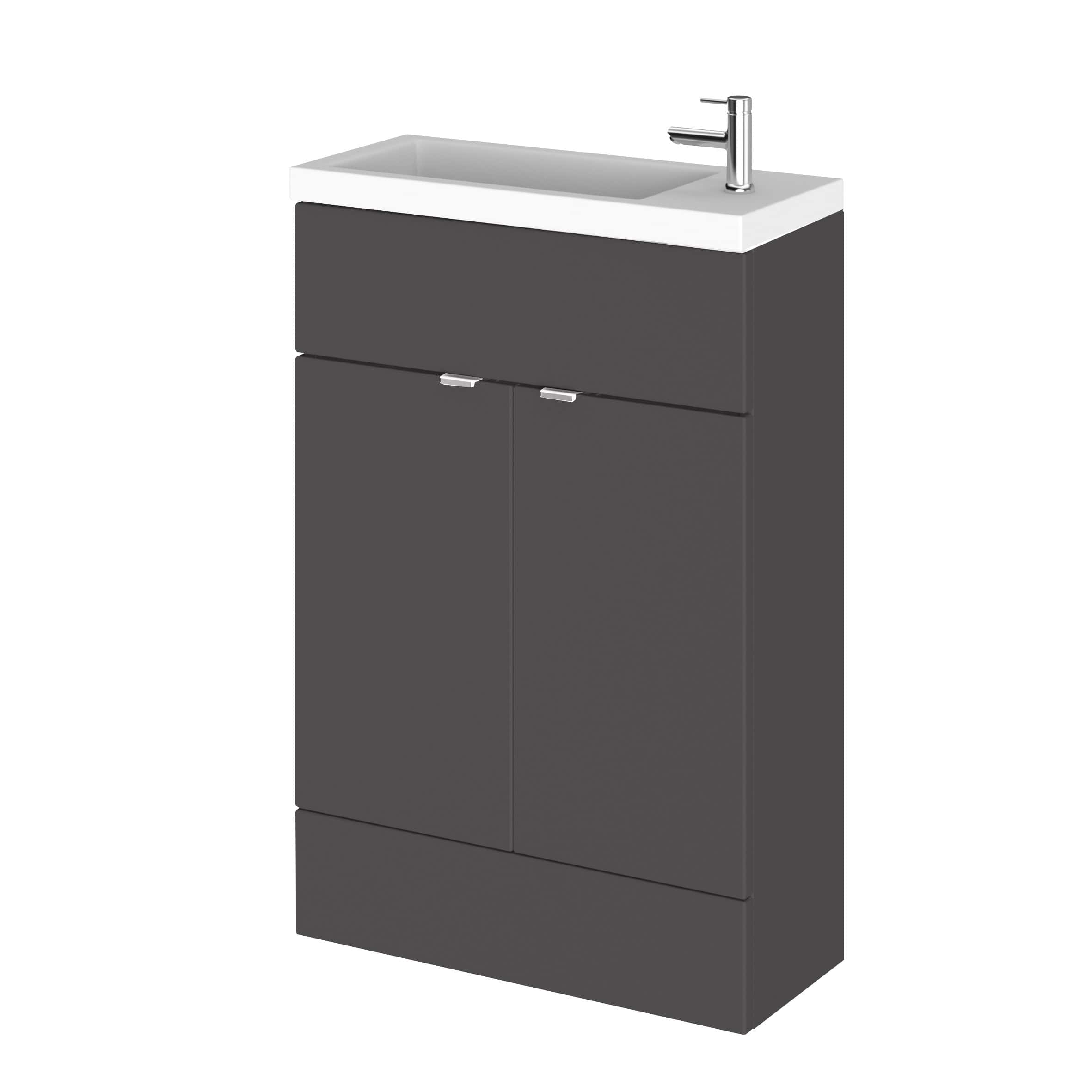 Sleek modern bathroom vanity unit with integrated sink and chrome faucet, ideal for contemporary bathroom designs. Sturdy grey cabinet with ample storage space for bathroom essentials.