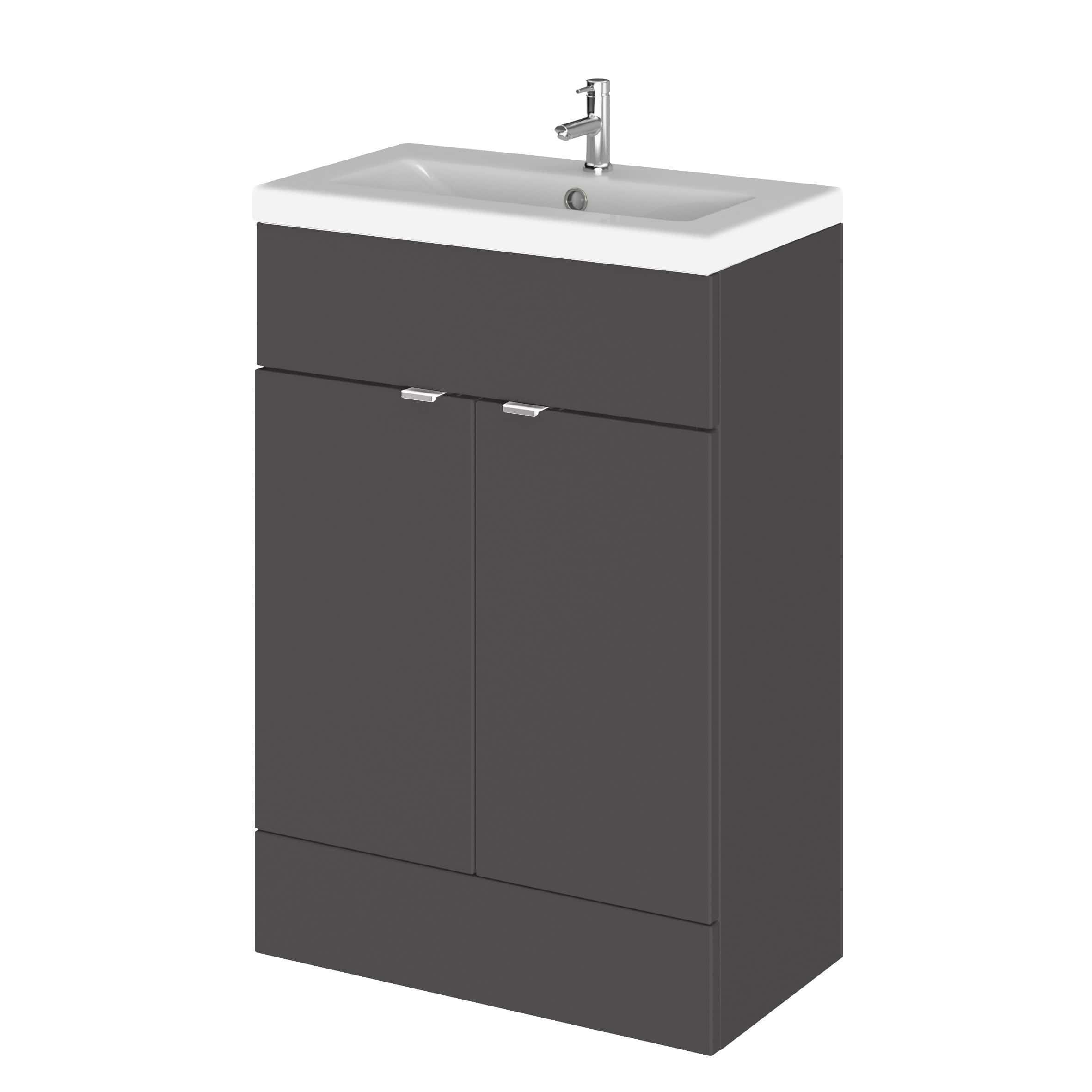 Modern grey bathroom vanity unit with ceramic sink and chrome tap, ideal for contemporary bathroom designs. Perfect for stylish storage and functional sink area.