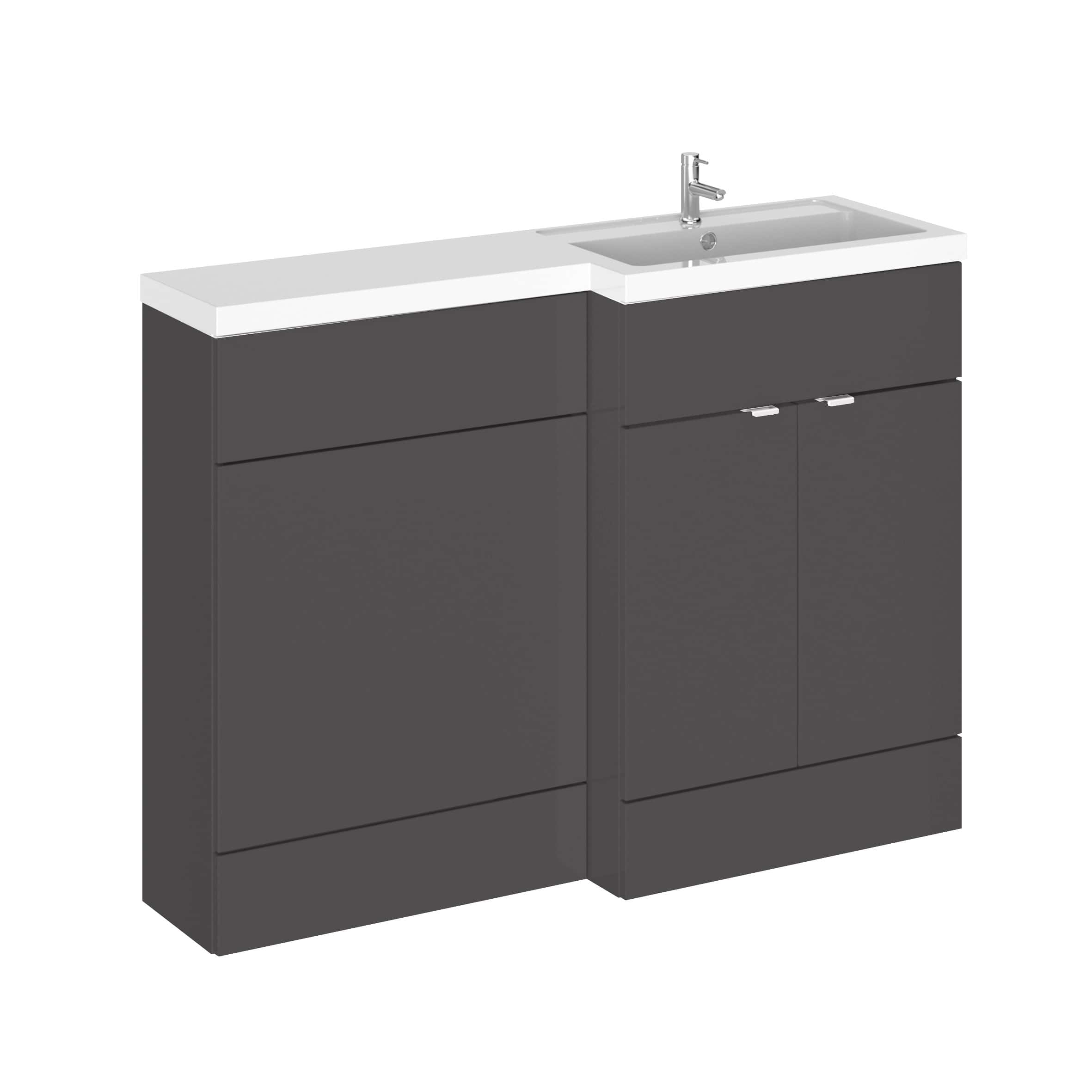 Sleek modern bathroom vanity unit with integrated sink, grey cabinetry, and chrome hardware, ideal for contemporary bathroom design and storage solutions.