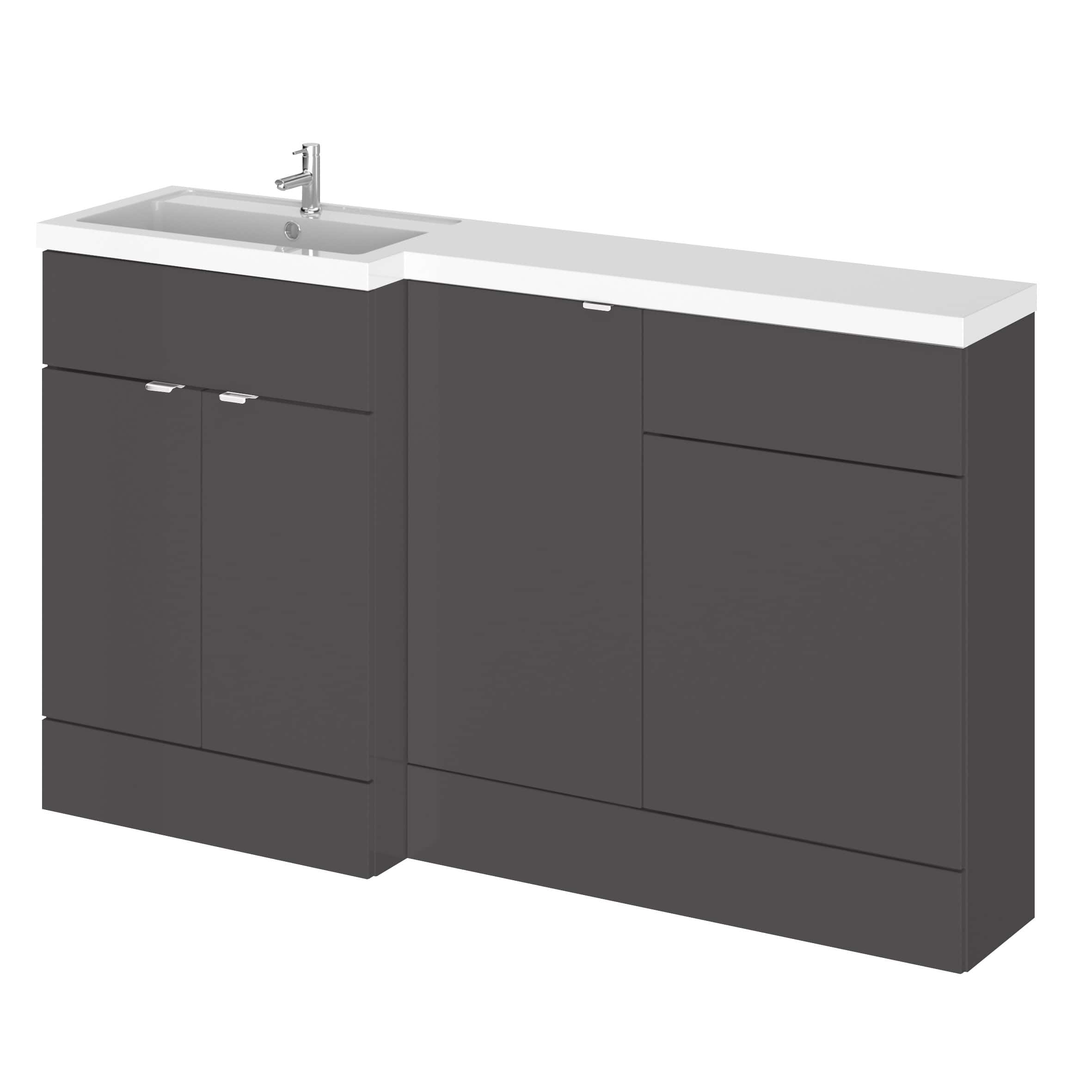 Sleek modern bathroom vanity unit with integrated sink and dark grey cabinet drawers, ideal for contemporary bathroom designs focusing on functionality and style.