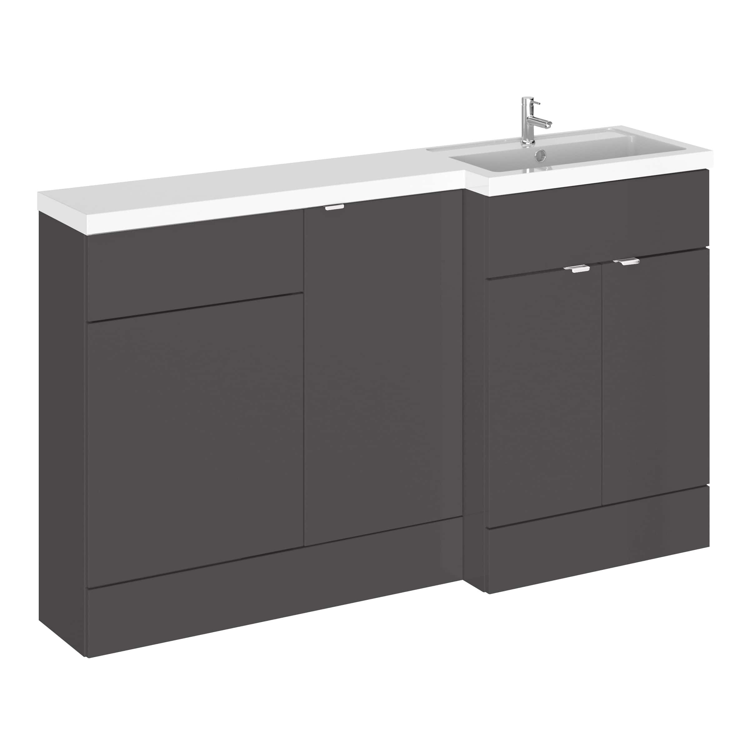 Modern grey bathroom vanity unit with integrated sink and sleek storage cabinets. Perfect for contemporary bathroom design, combining functionality and style with durable materials.