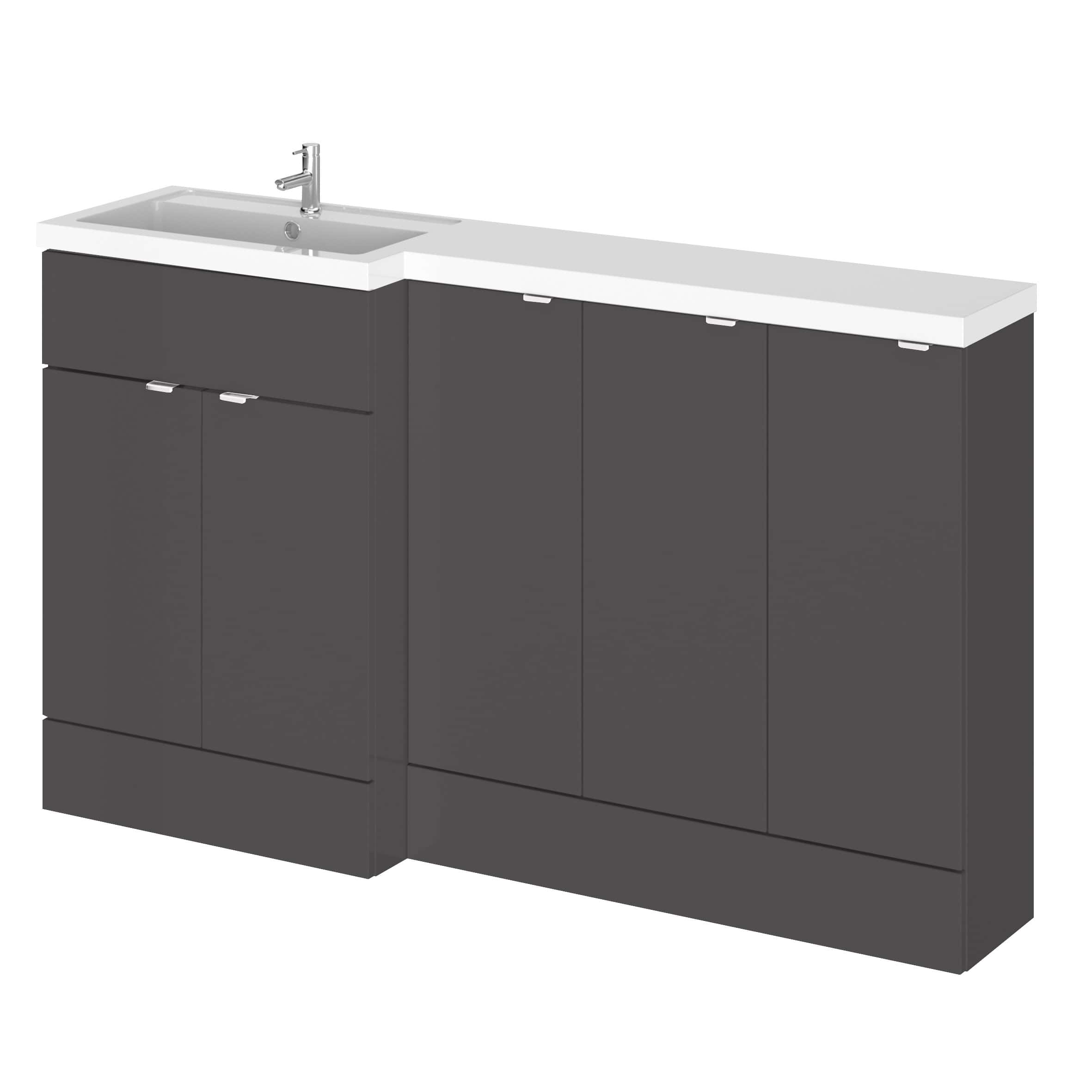 Modern grey bathroom vanity with integrated sink and storage cabinets, ideal for contemporary bathroom designs. Suitable for organising bathroom essentials and enhancing bathroom aesthetics.
