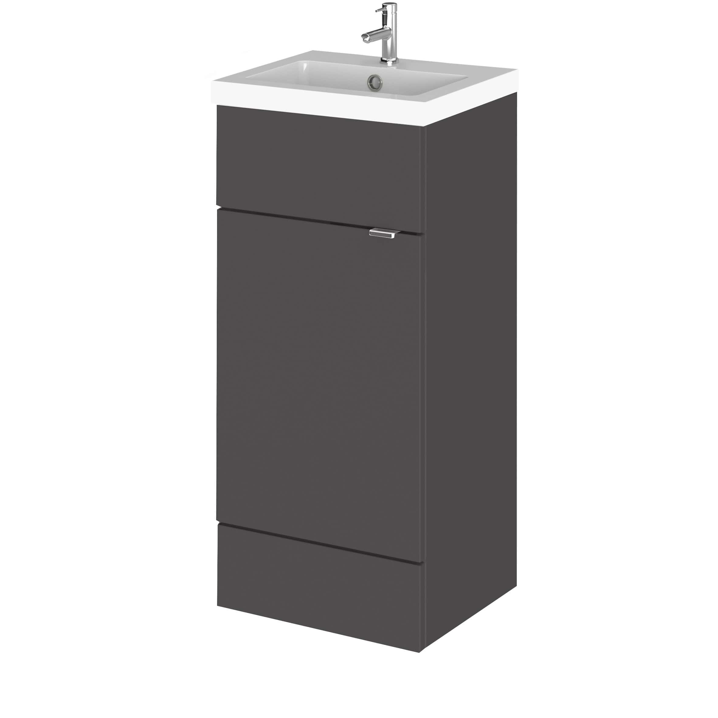 Modern bathroom vanity unit with integrated sink and chrome faucet, ideal for contemporary bathroom designs.