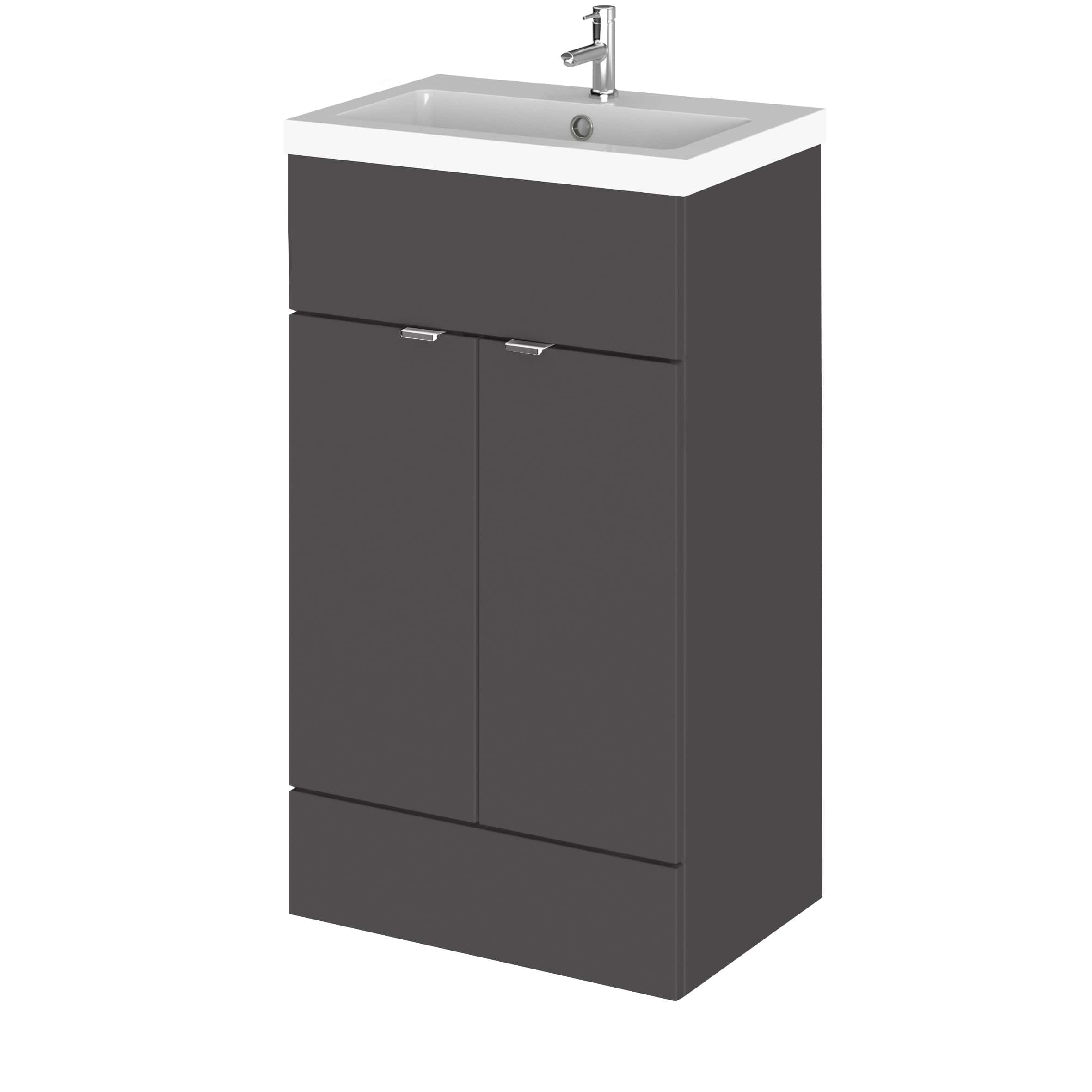 Modern bathroom vanity unit with integrated sink in dark grey finish, ideal for contemporary bathroom design, offering storage and style.
