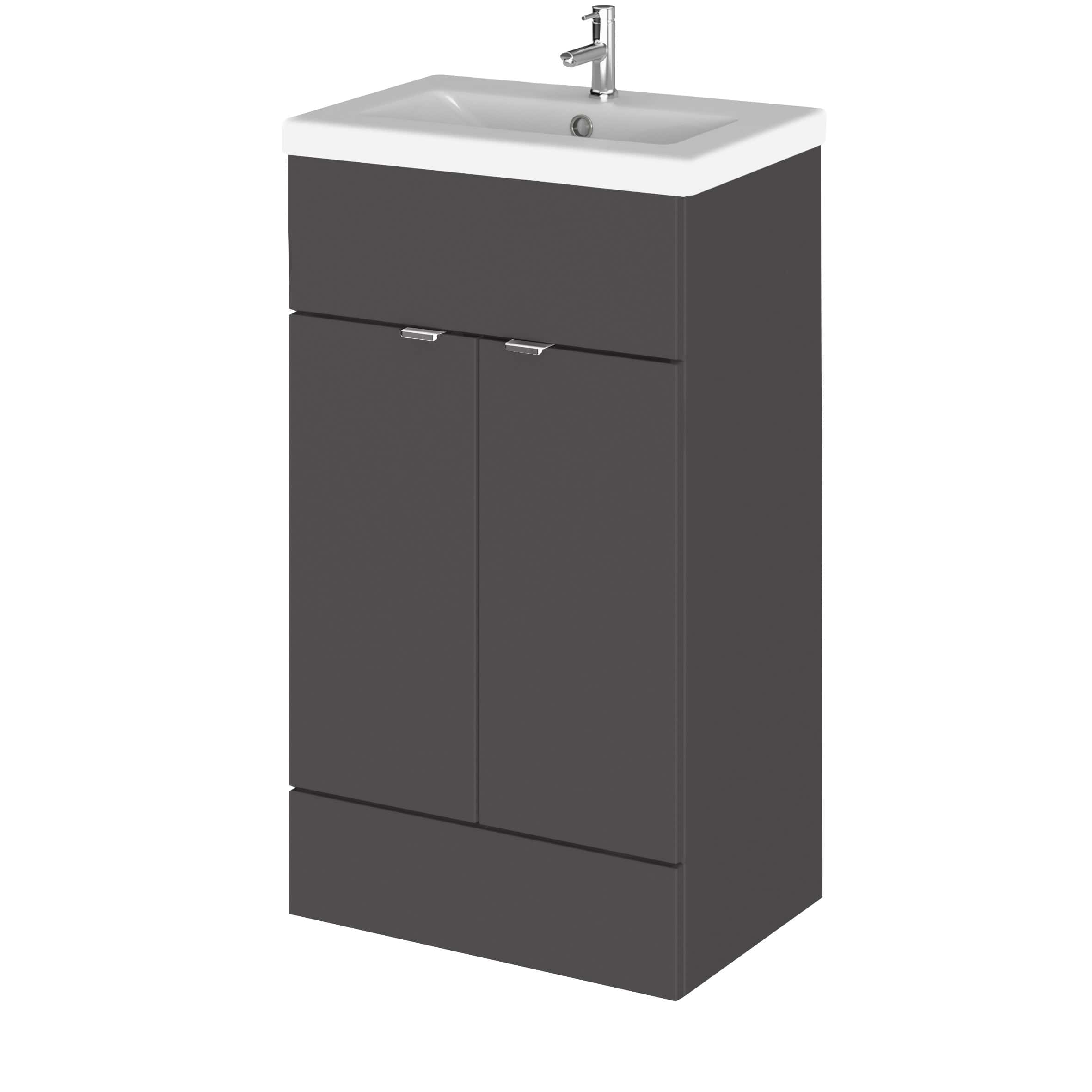 Modern grey bathroom vanity unit with a white ceramic wash basin and chrome tap, ideal for contemporary bathrooms. Durable storage cabinet with sleek design for efficient bathroom organisation.