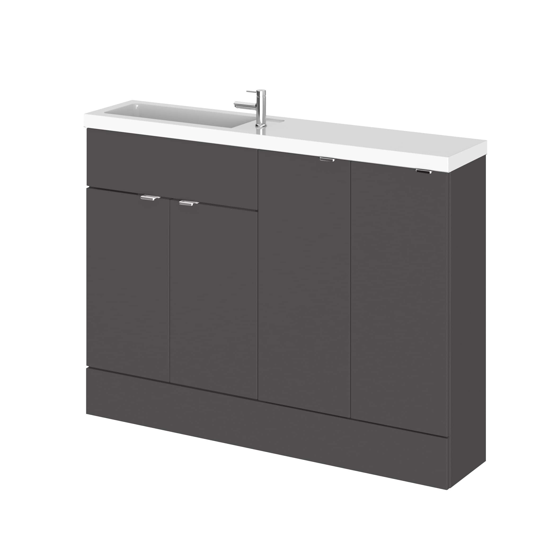 Sleek grey bathroom vanity with integrated sink and chrome faucet, modern and functional design for contemporary bathrooms. Perfect for stylish bathroom renovations and space-saving solutions.