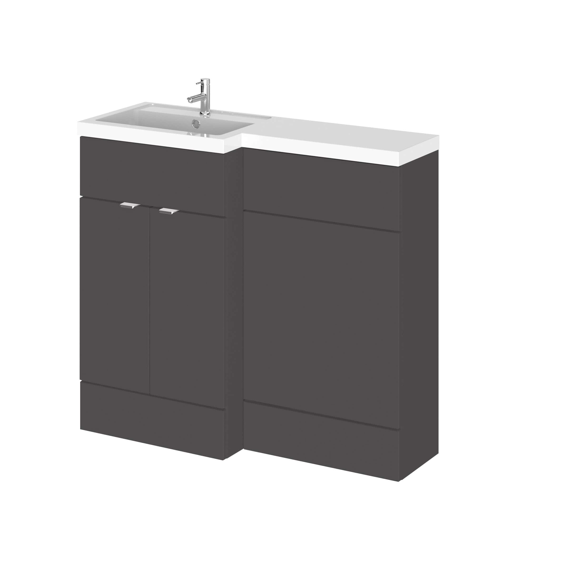 Sleek black bathroom vanity unit with integrated sink and cupboard storage, perfect for modern bathrooms, combining style and functionality for an elegant look.
