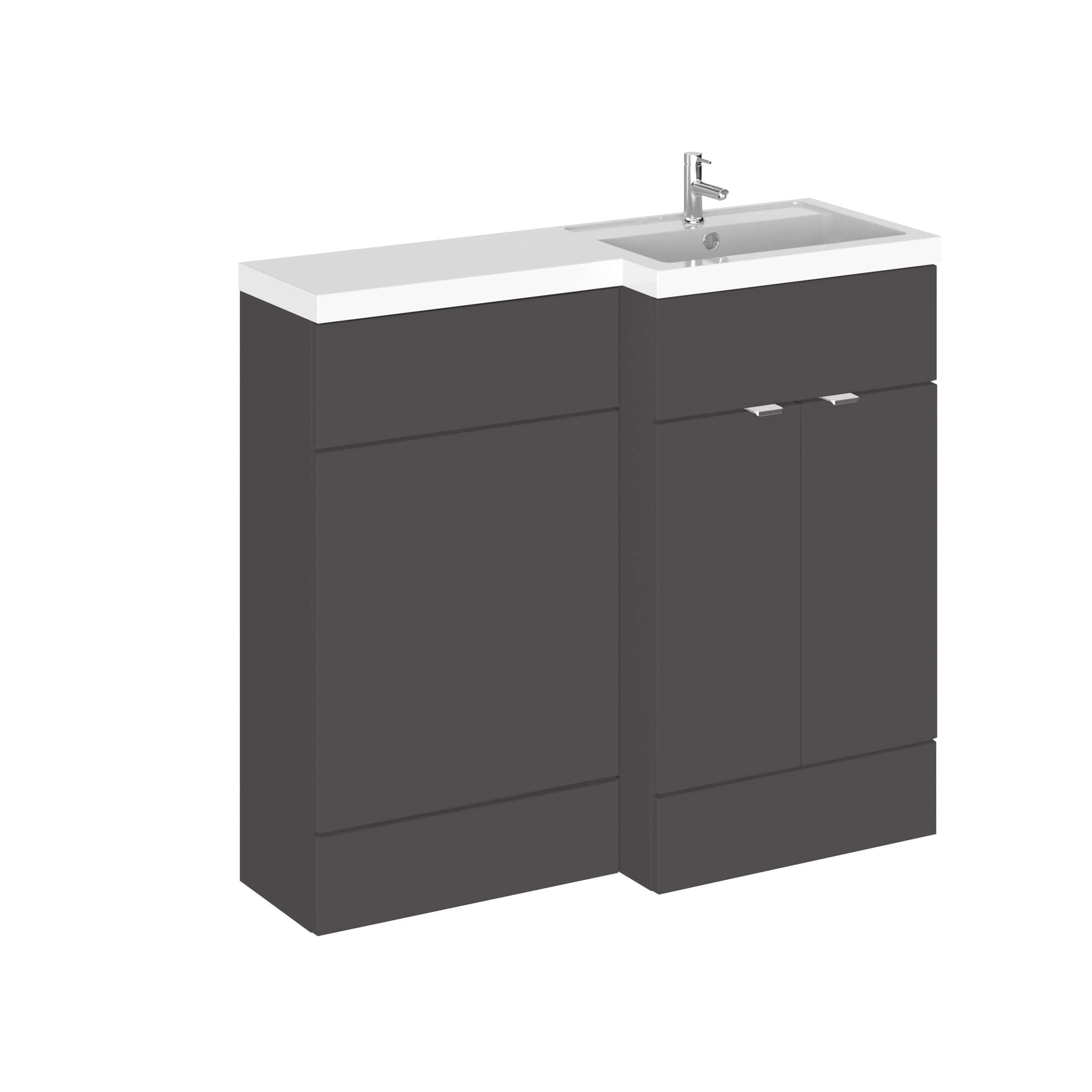 Modern grey bathroom vanity unit with integrated sink and chrome faucet, ideal for contemporary bathrooms. Stylish, functional storage solution featuring sleek design and durable materials for everyday use.