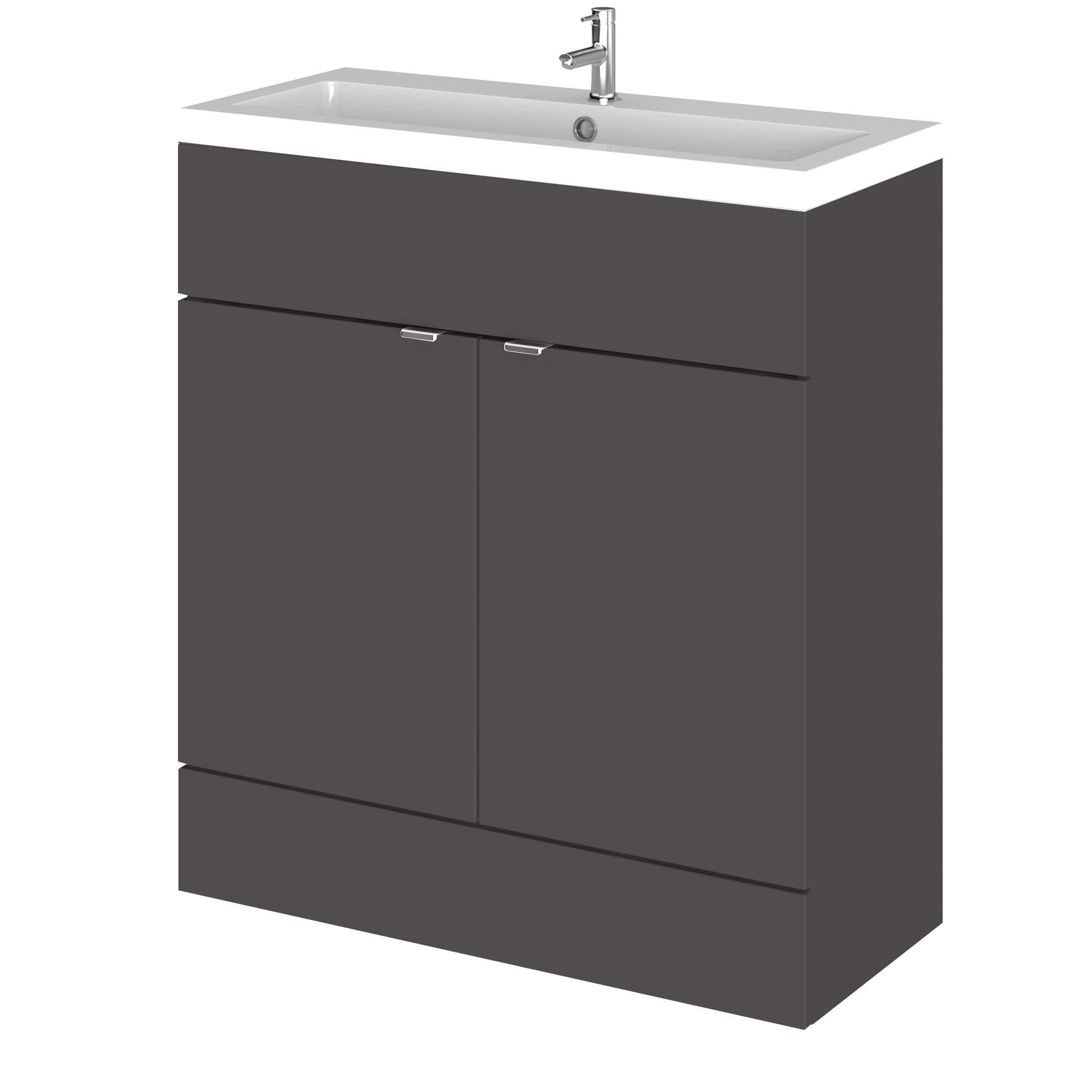 Modern grey bathroom vanity unit with integrated sink and chrome faucet, ideal for contemporary bathroom designs. Durable cabinetry offers ample storage space for bathroom essentials.