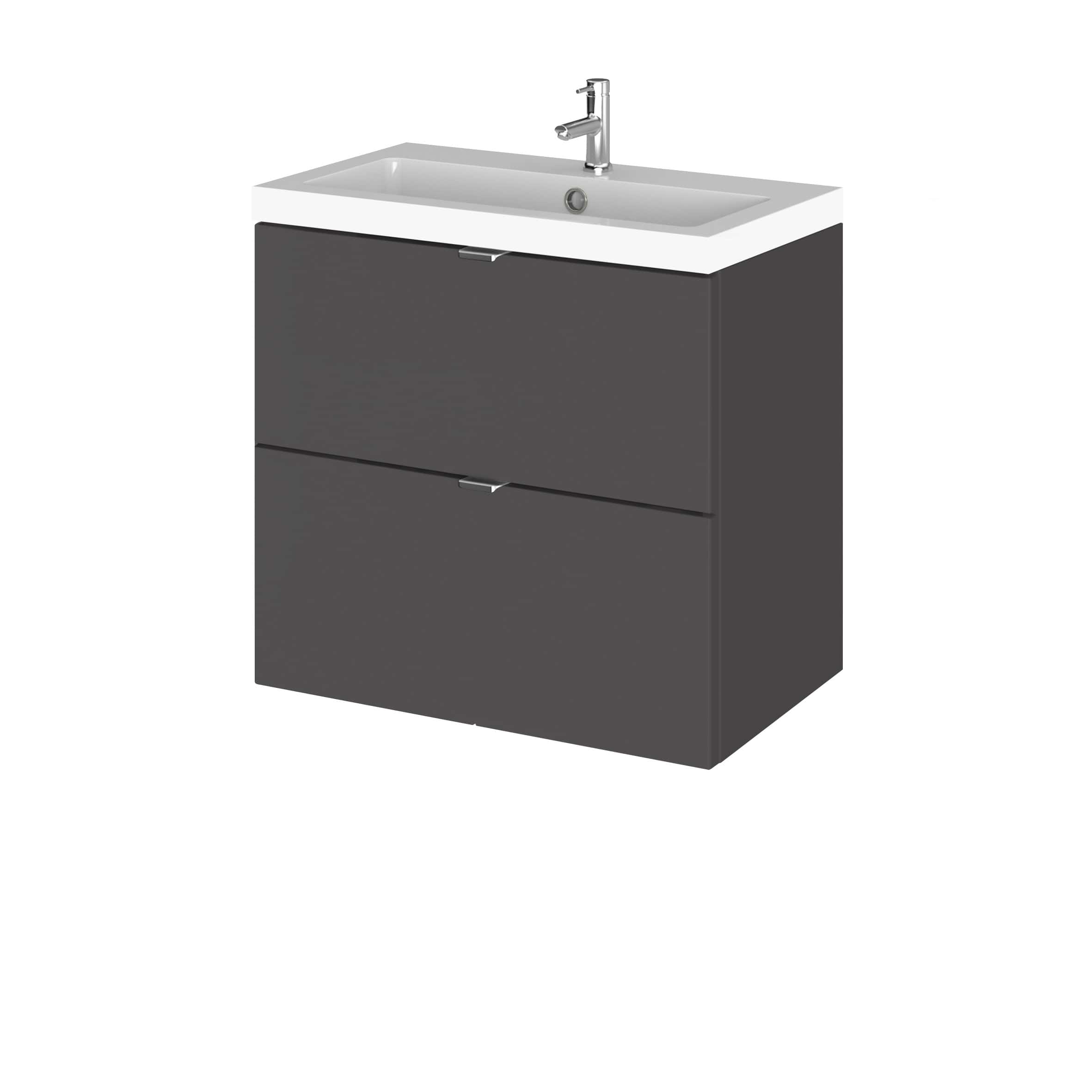 Sleek modern bathroom vanity with integrated sink and dark grey cabinet, ideal for contemporary bathroom designs. Perfect for stylish, space-saving bathroom storage solutions.