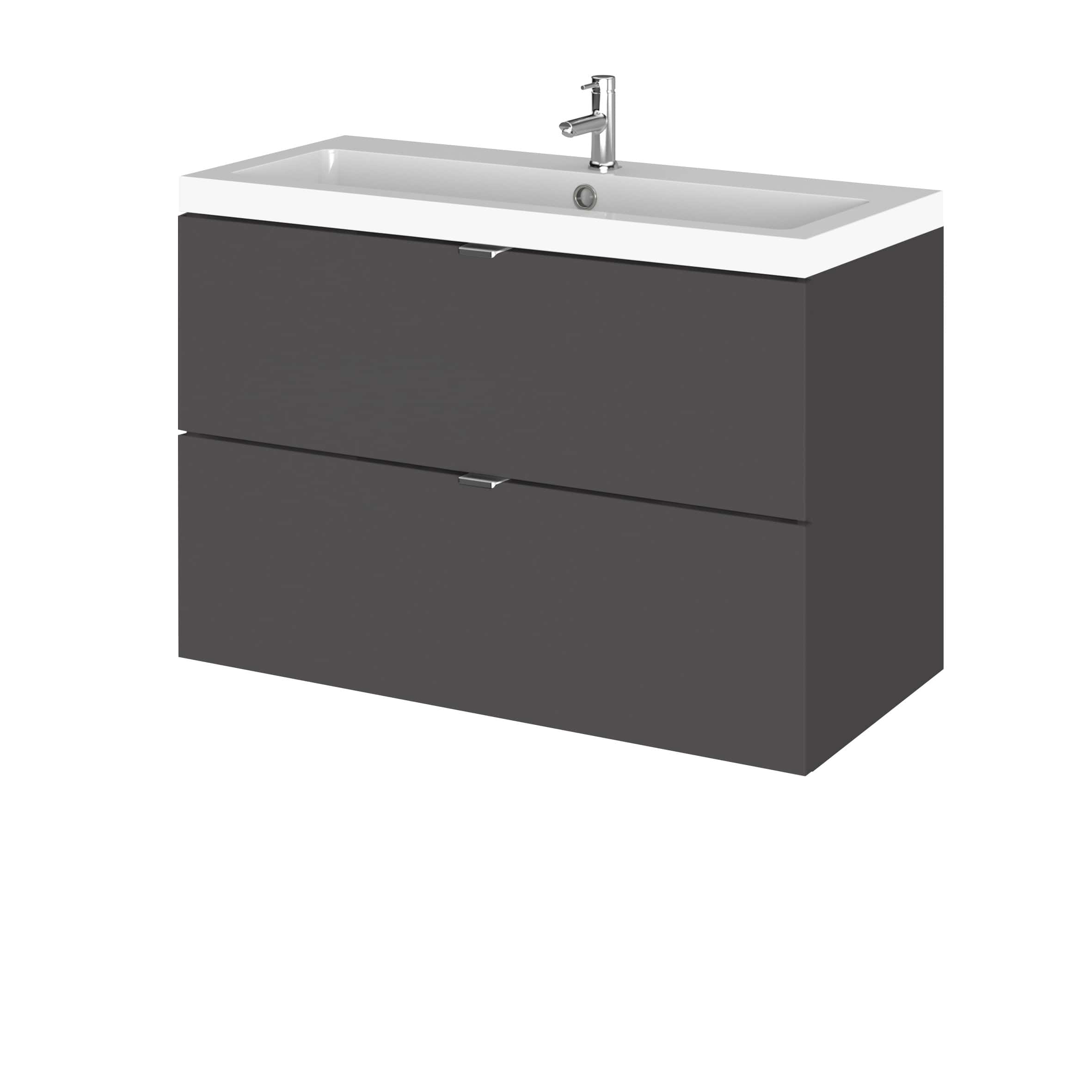 Contemporary grey bathroom vanity with integrated sink and sleek chrome tap, perfect for modern bathroom decor and efficient space utilisation.