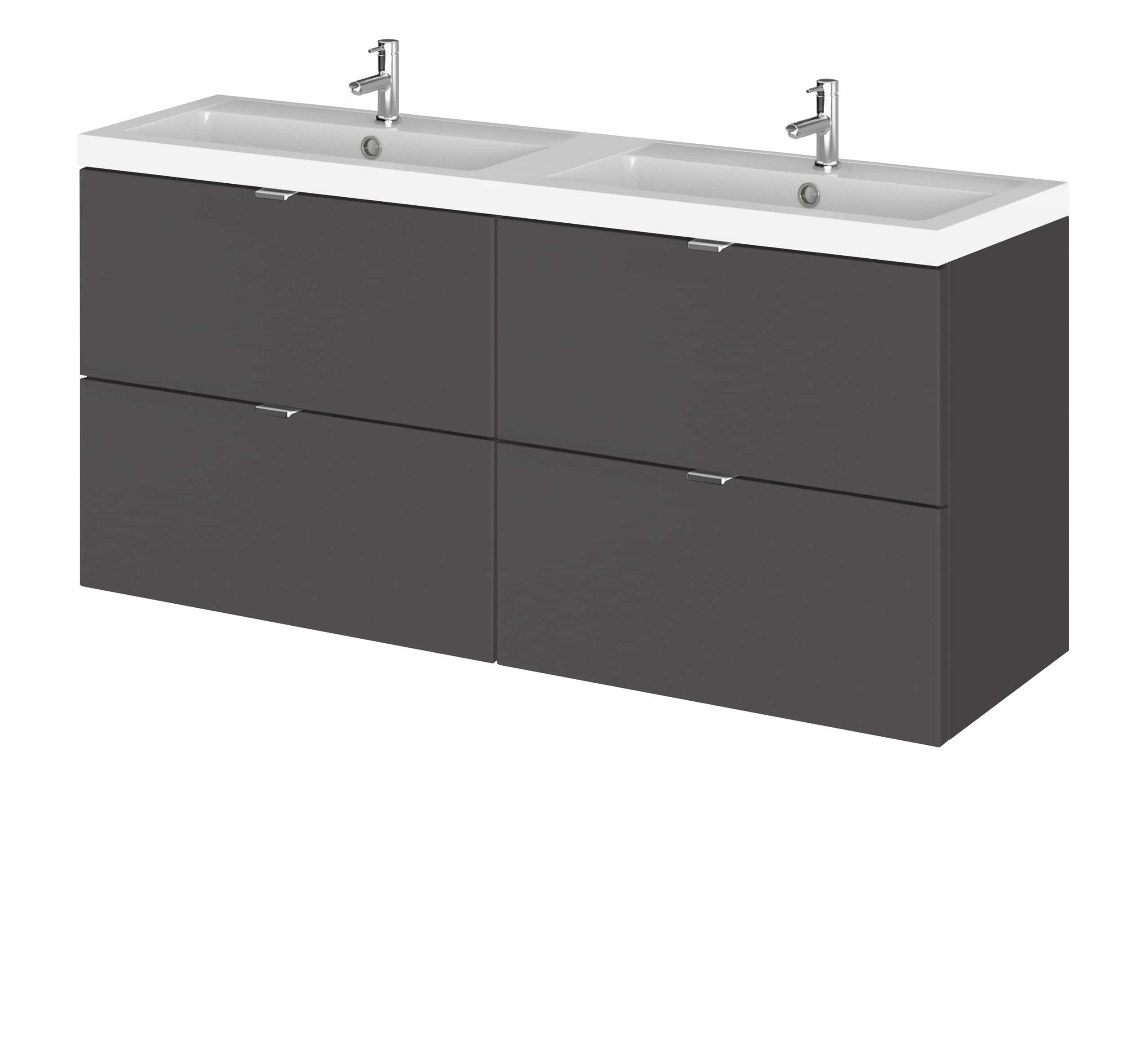 Modern double bathroom vanity unit with dual sinks, grey cabinetry, and chrome taps, perfect for stylish bathroom renovation and storage solutions.