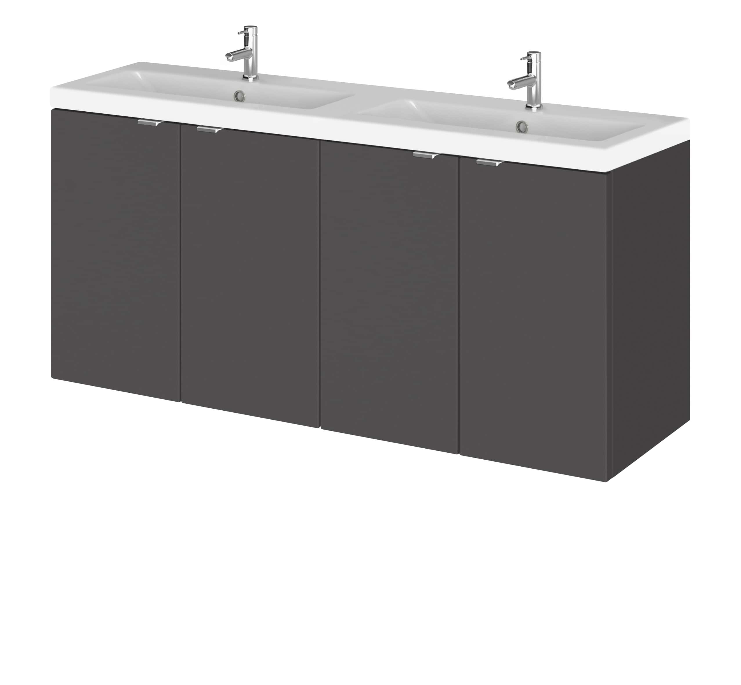 Bright modern double bathroom vanity unit with integrated double sinks and chrome taps, perfect for stylish bathroom storage and organisation. Suitable for contemporary bathroom decor.