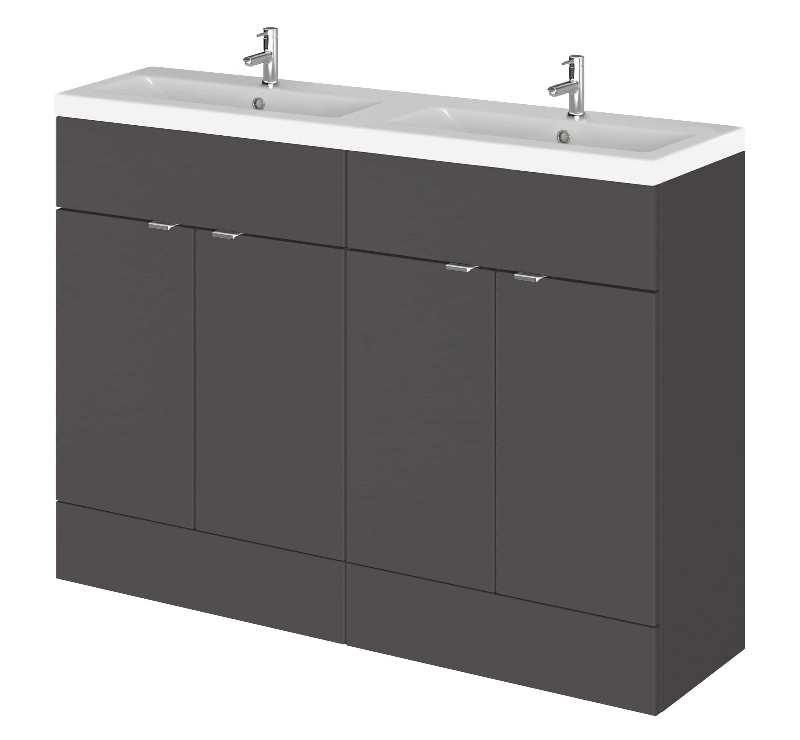 Modern double bathroom vanity unit with grey cabinetry and two white ceramic sinks, perfect for contemporary bathroom renovation and storage solutions.