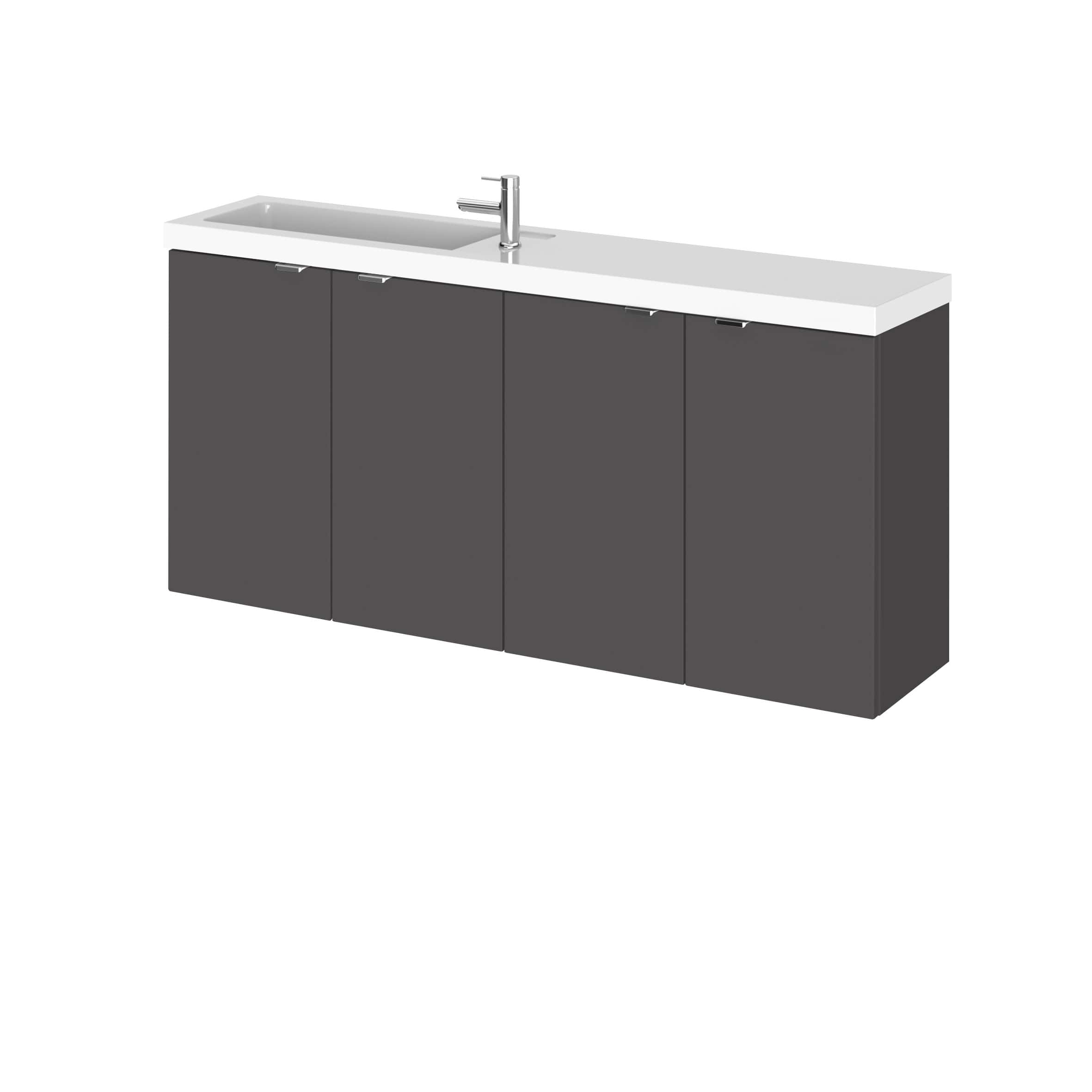 Modern bathroom vanity unit with integrated sink and sleek dark grey cabinets, perfect for contemporary bathroom design. Designed for functionality and style, ideal for storage and basin use.