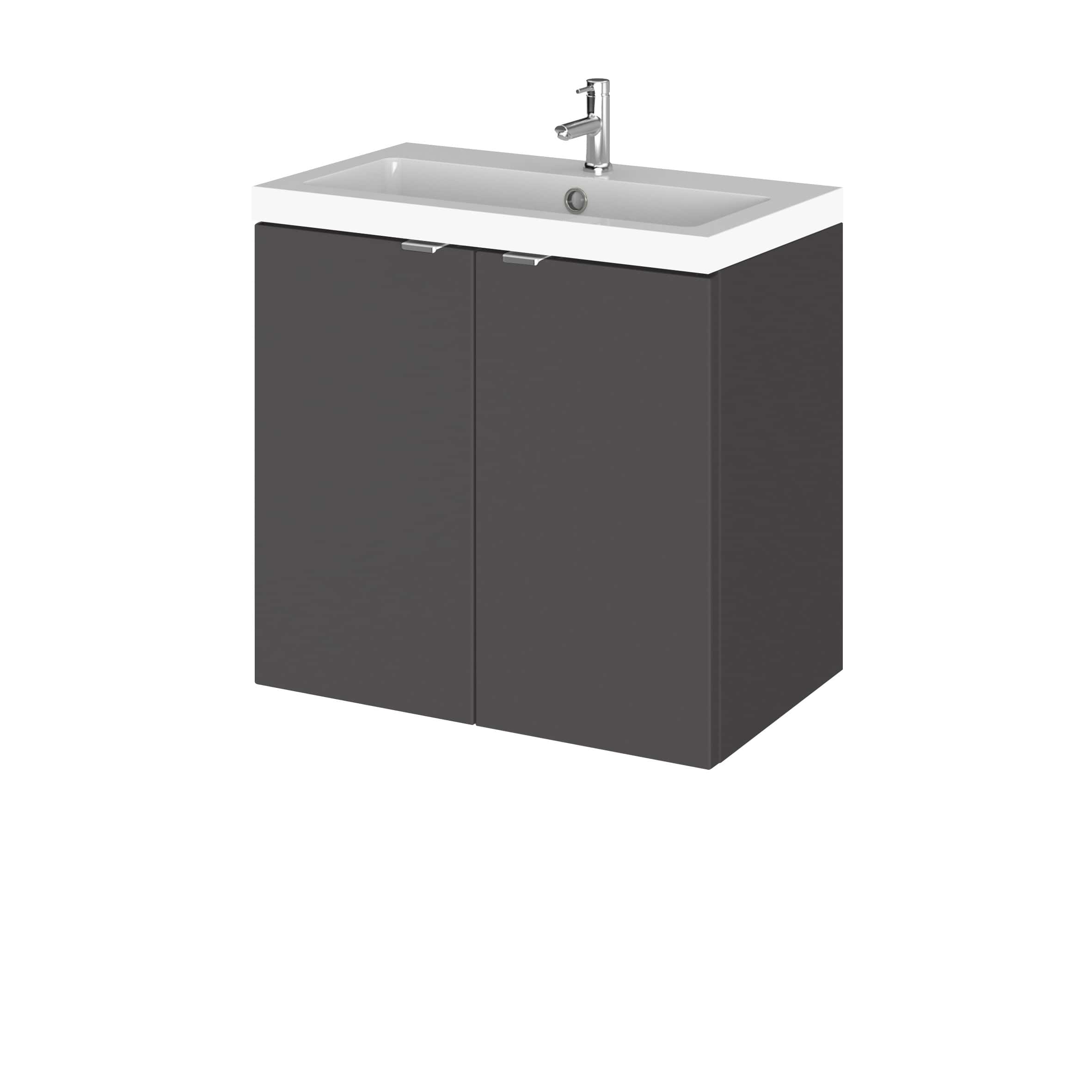 Modern bathroom vanity cabinet with integrated sink, sleek grey finish, and chrome faucet, ideal for contemporary bathroom interiors and storage solutions.