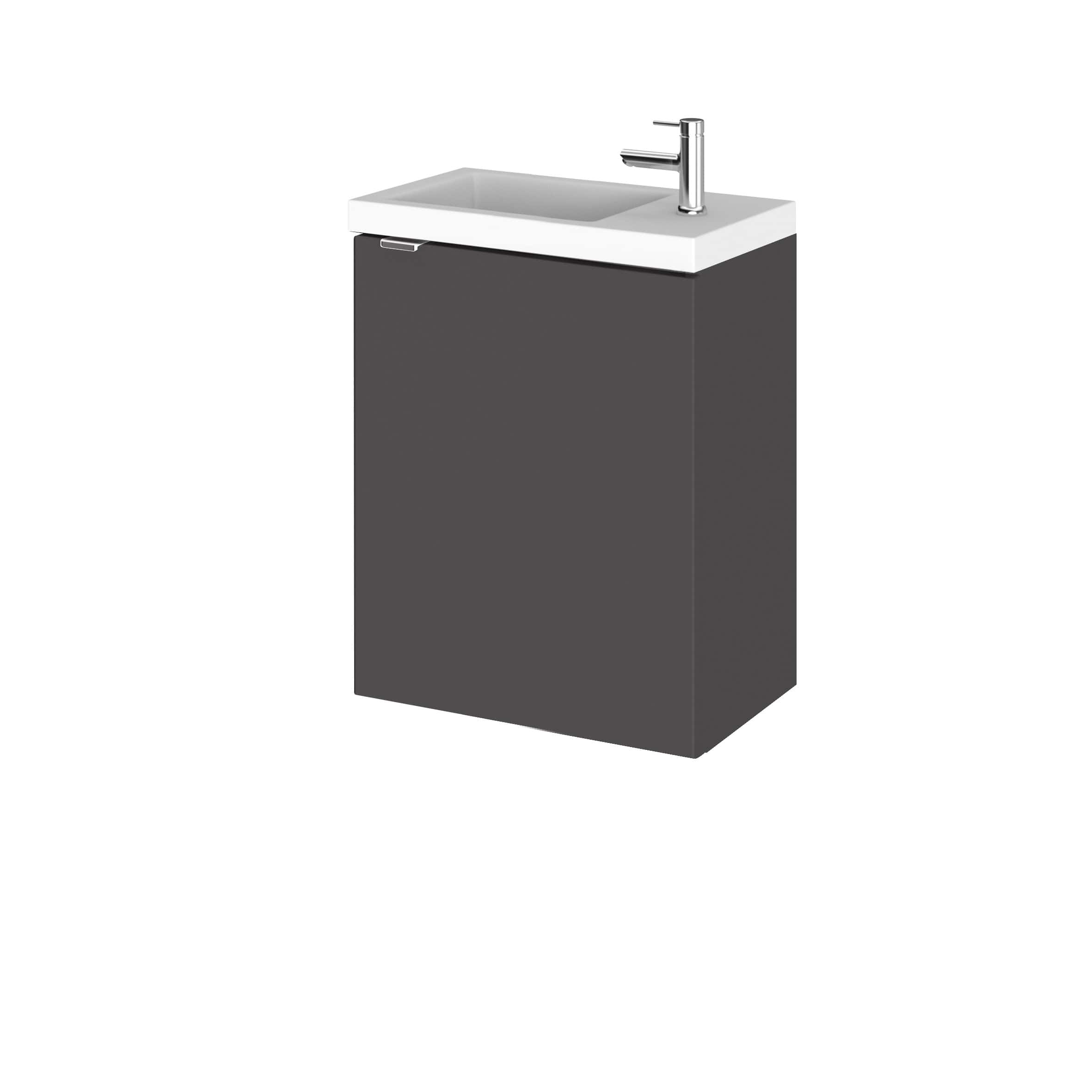 Sleek bathroom vanity unit with integrated sink, modern chrome tap, and dark grey storage cabinet, ideal for contemporary bathroom design and space-saving solutions.
