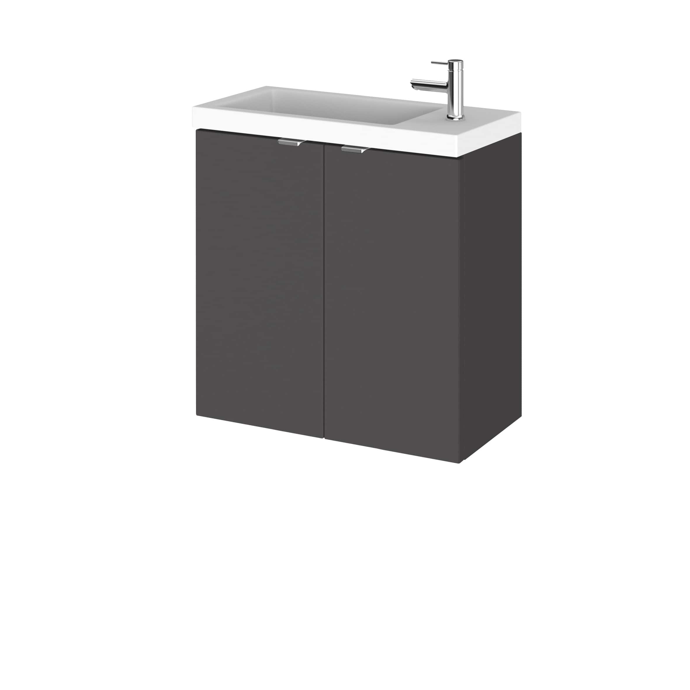 Modern bathroom vanity with grey cabinetry and a white sink, featuring a sleek chrome faucet for contemporary bathroom design.