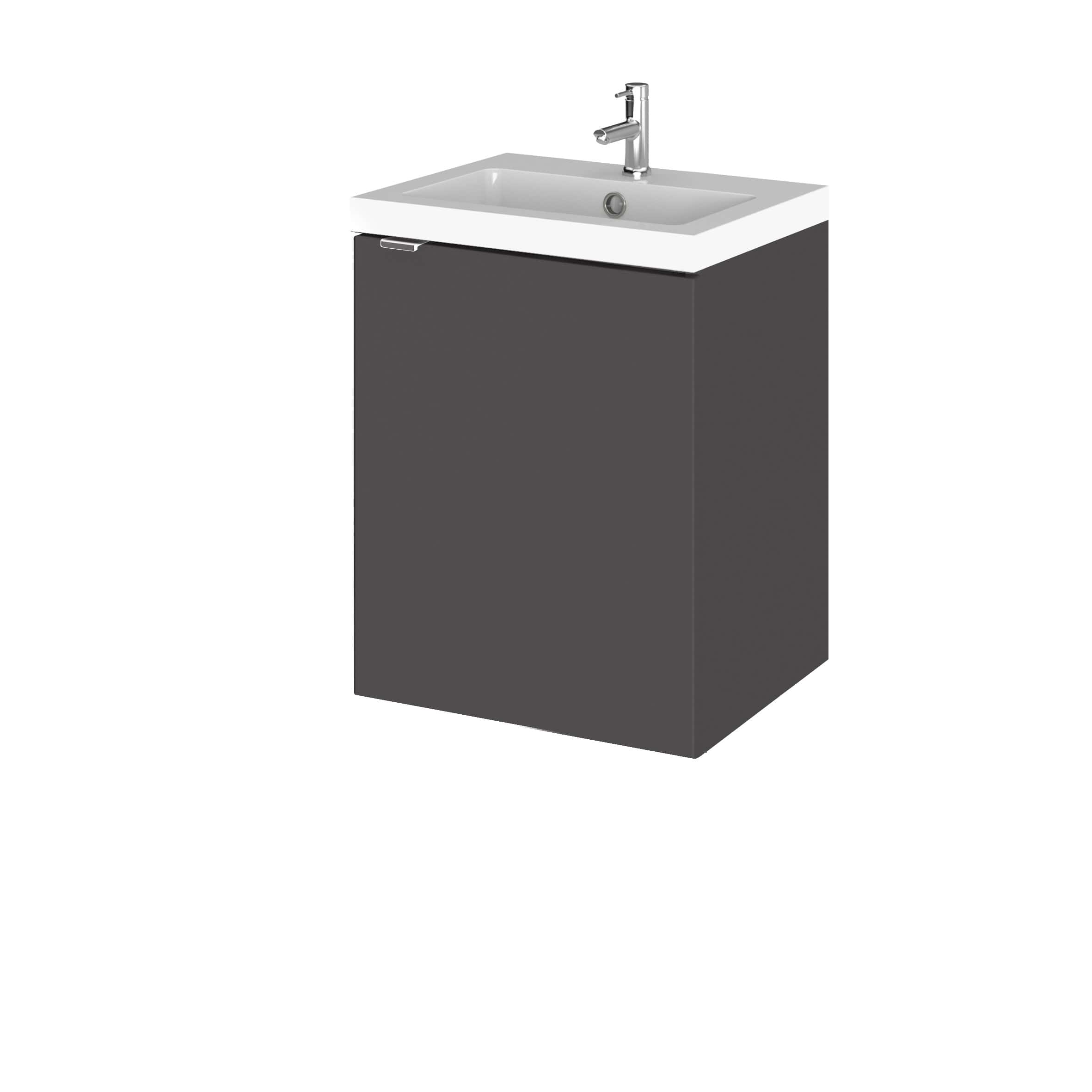 Modern bathroom vanity with a sleek grey cabinet, white ceramic sink, and chrome faucet, perfect for contemporary bathroom decor and organisation.