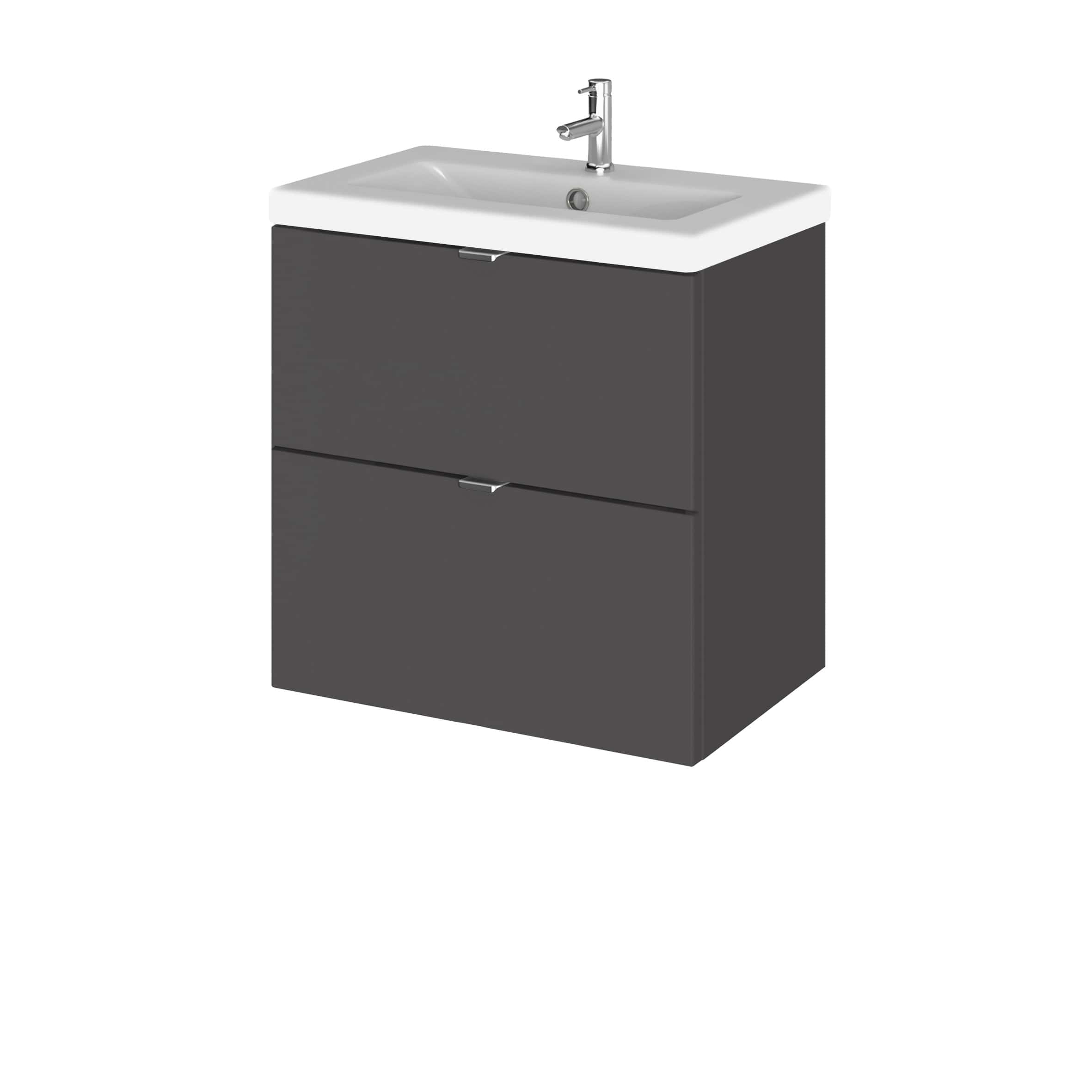 Sleek modern bathroom vanity with integrated sink and chrome faucet, ideal for contemporary bathrooms. Features ample storage drawers in a stylish dark grey finish. Perfect for elegant bathroom designs.