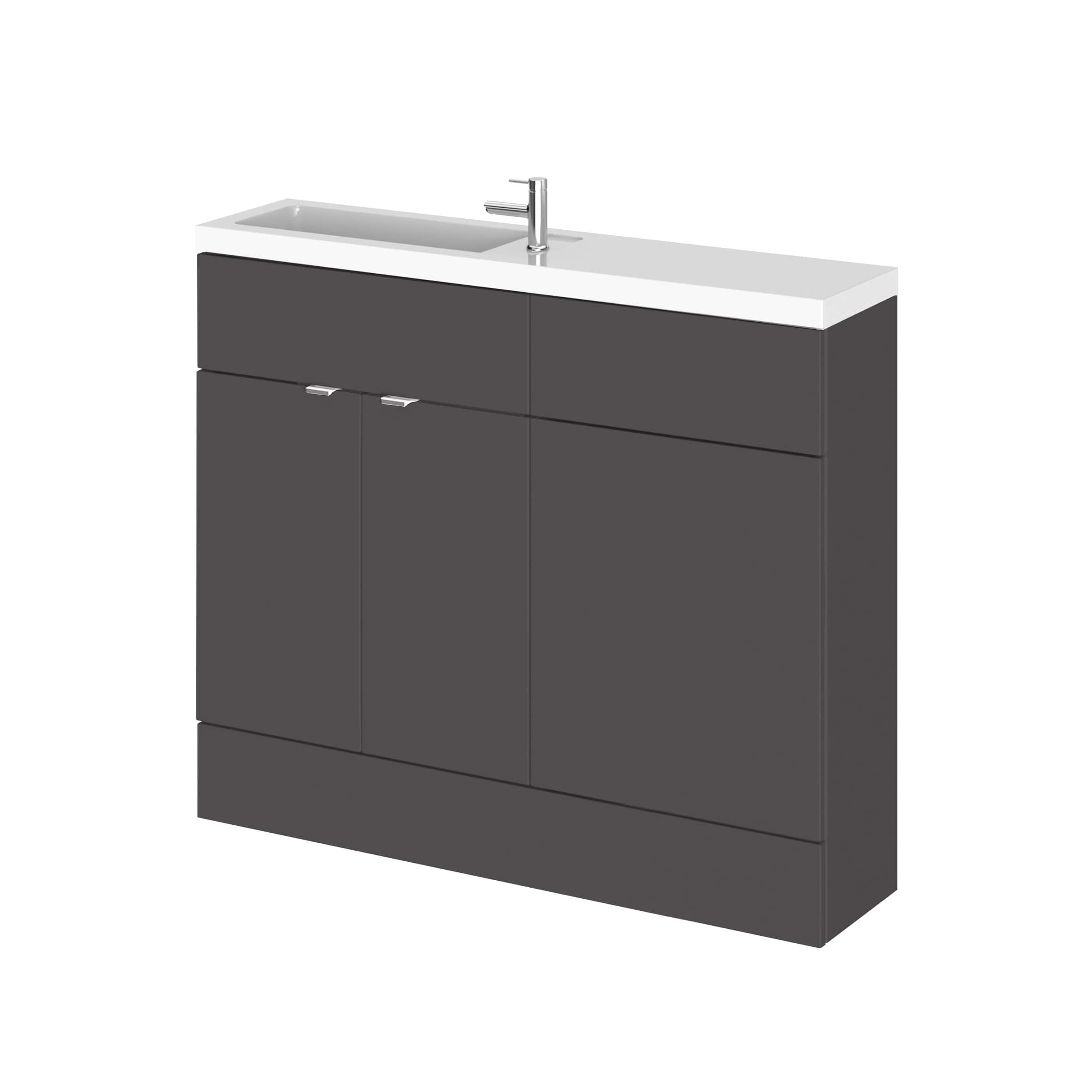 Modern grey bathroom vanity unit with white countertop and integrated sink, featuring sleek storage cabinets and chrome handles, ideal for contemporary bathroom décors.