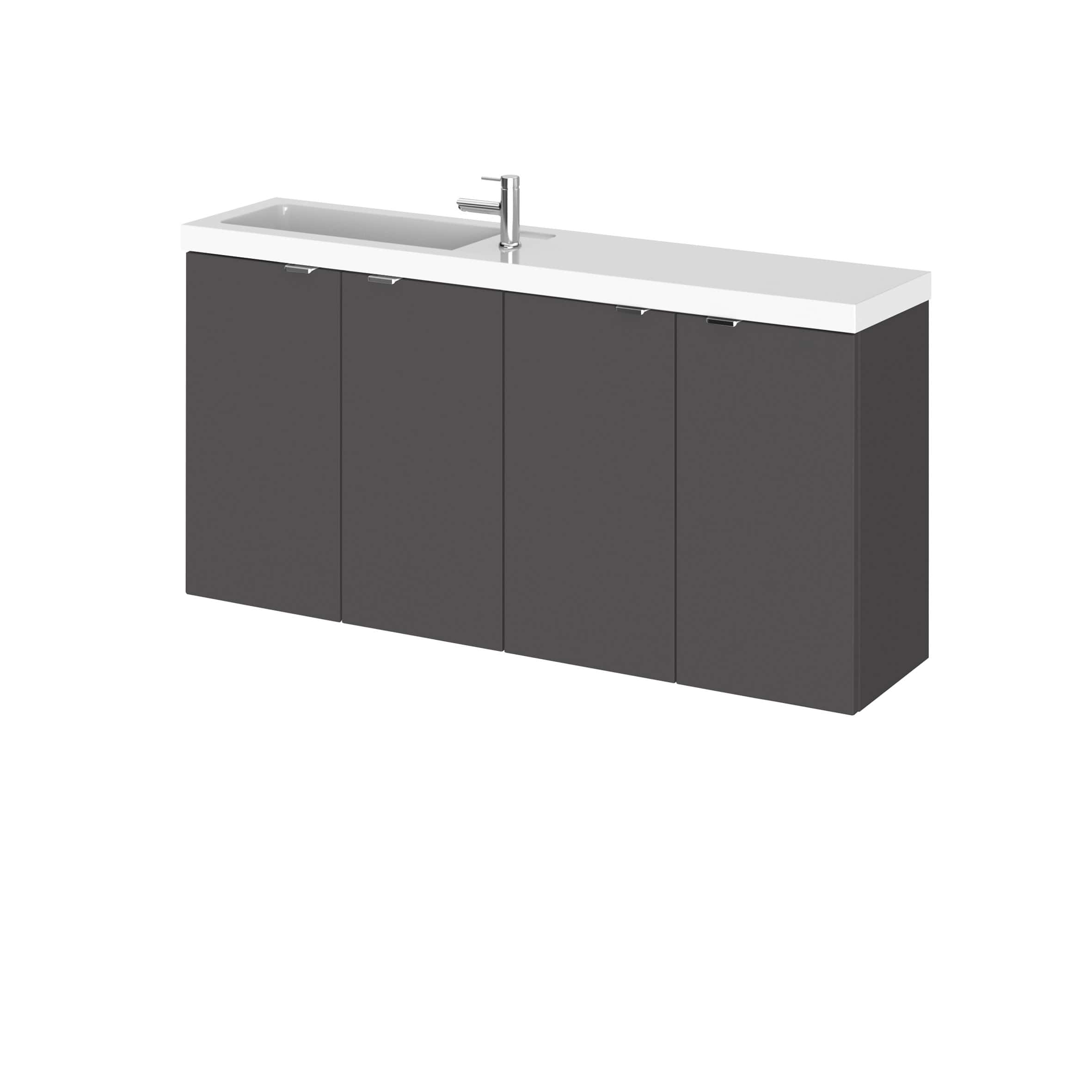 Modern grey bathroom vanity unit with integrated sink and chrome tap, ideal for contemporary home bathrooms. Stylish storage solution for organising toiletries and essentials.