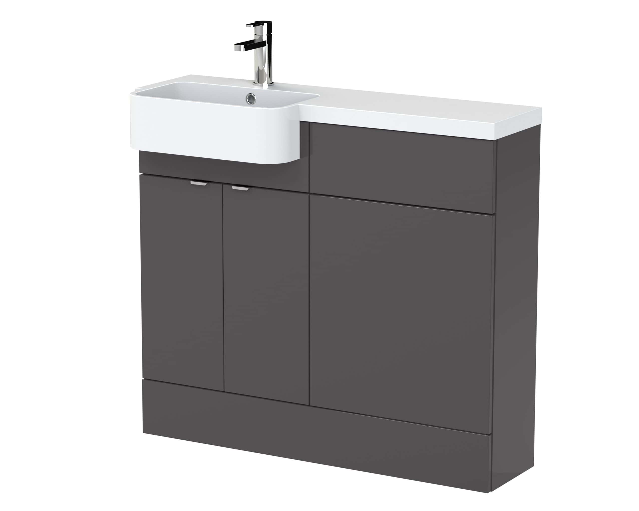 Modern bathroom vanity unit with integrated sink and sleek grey cabinetry for contemporary bathroom design. Perfect for stylish and functional bathroom storage solutions.