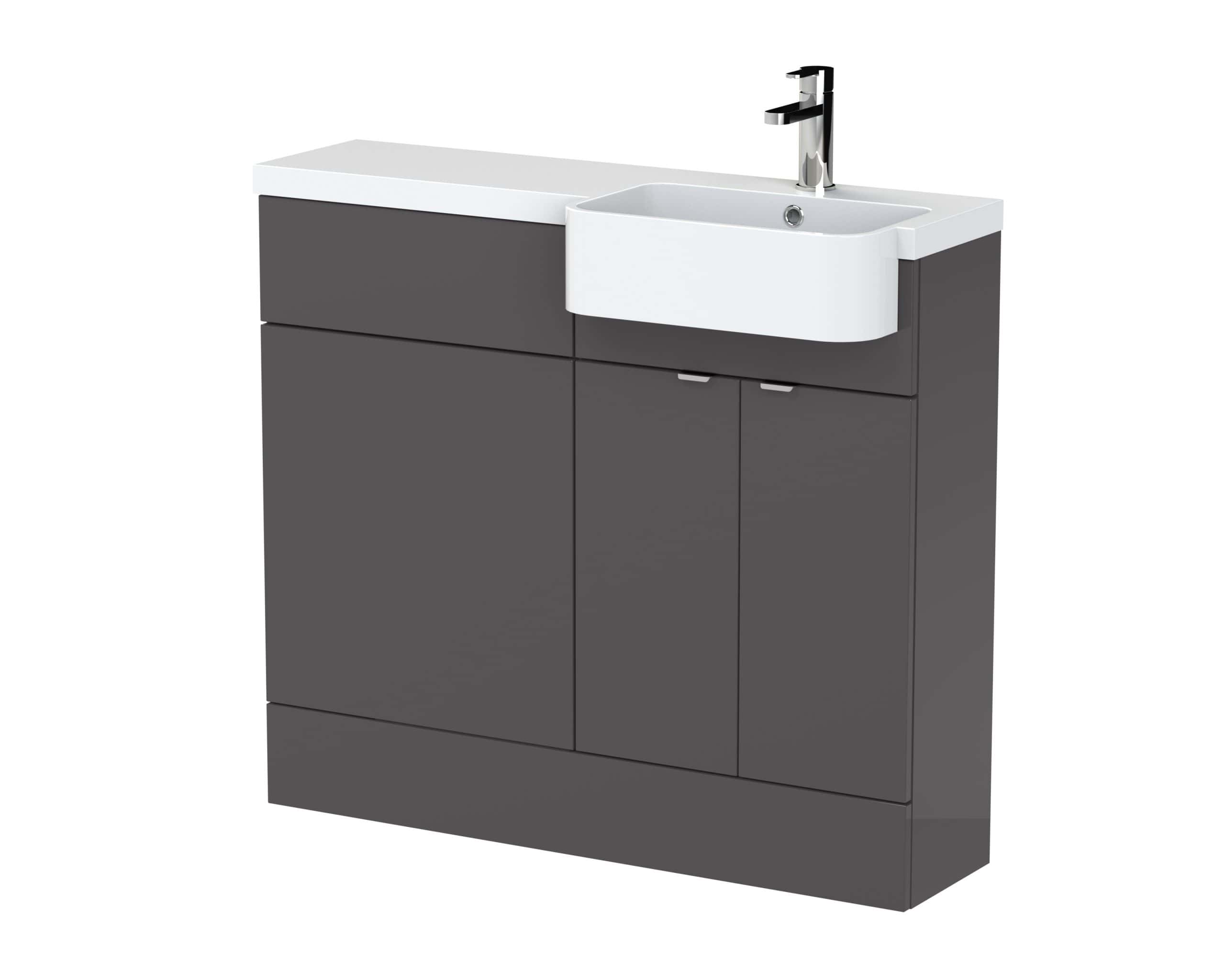 Contemporary grey bathroom vanity unit with integrated sink and modern chrome tap, perfect for stylish bathroom renovations and space-saving bathroom furniture solutions.
