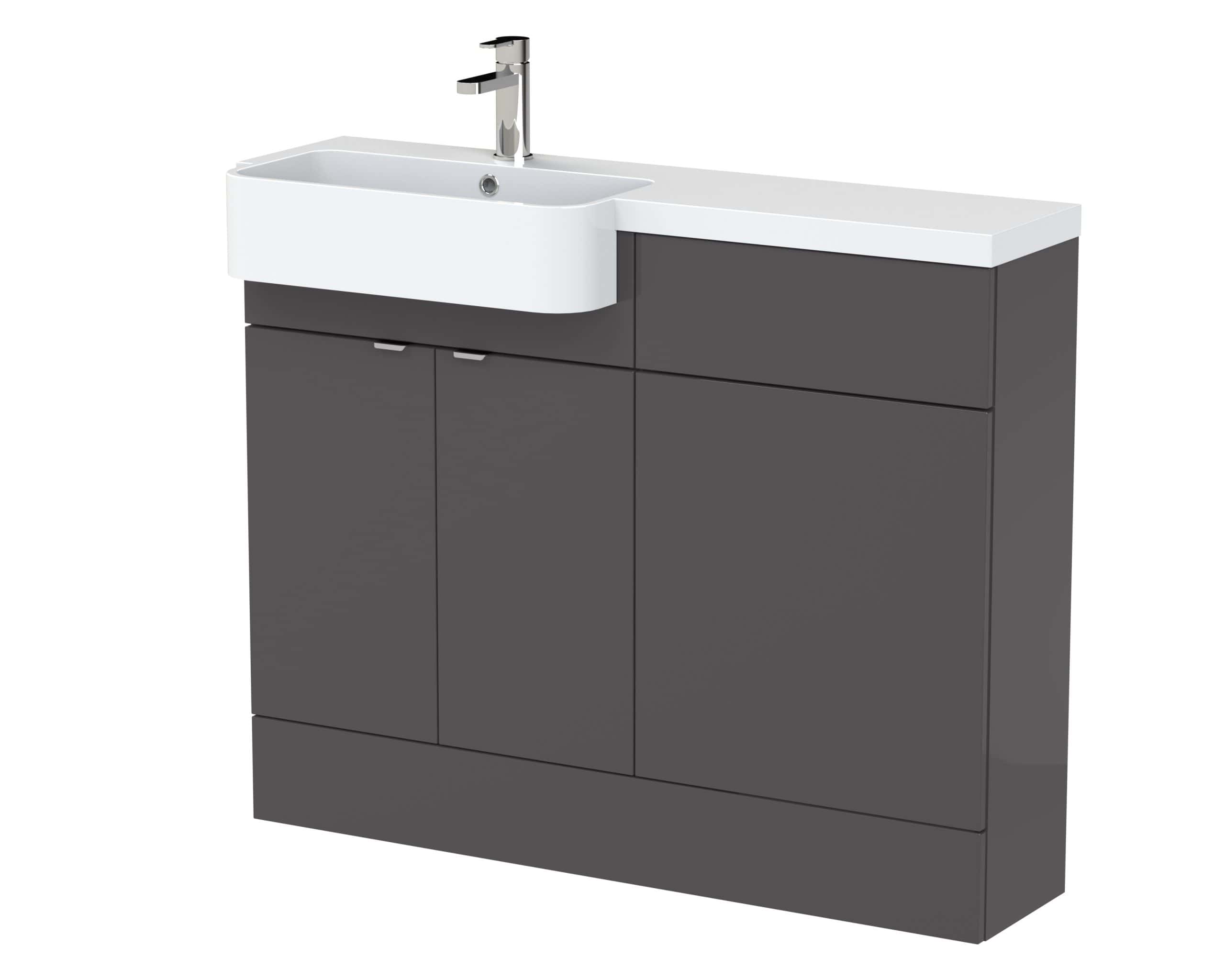 Modern bathroom vanity unit with integrated sink and chrome tap, grey cabinetry for stylish bathroom storage solutions.