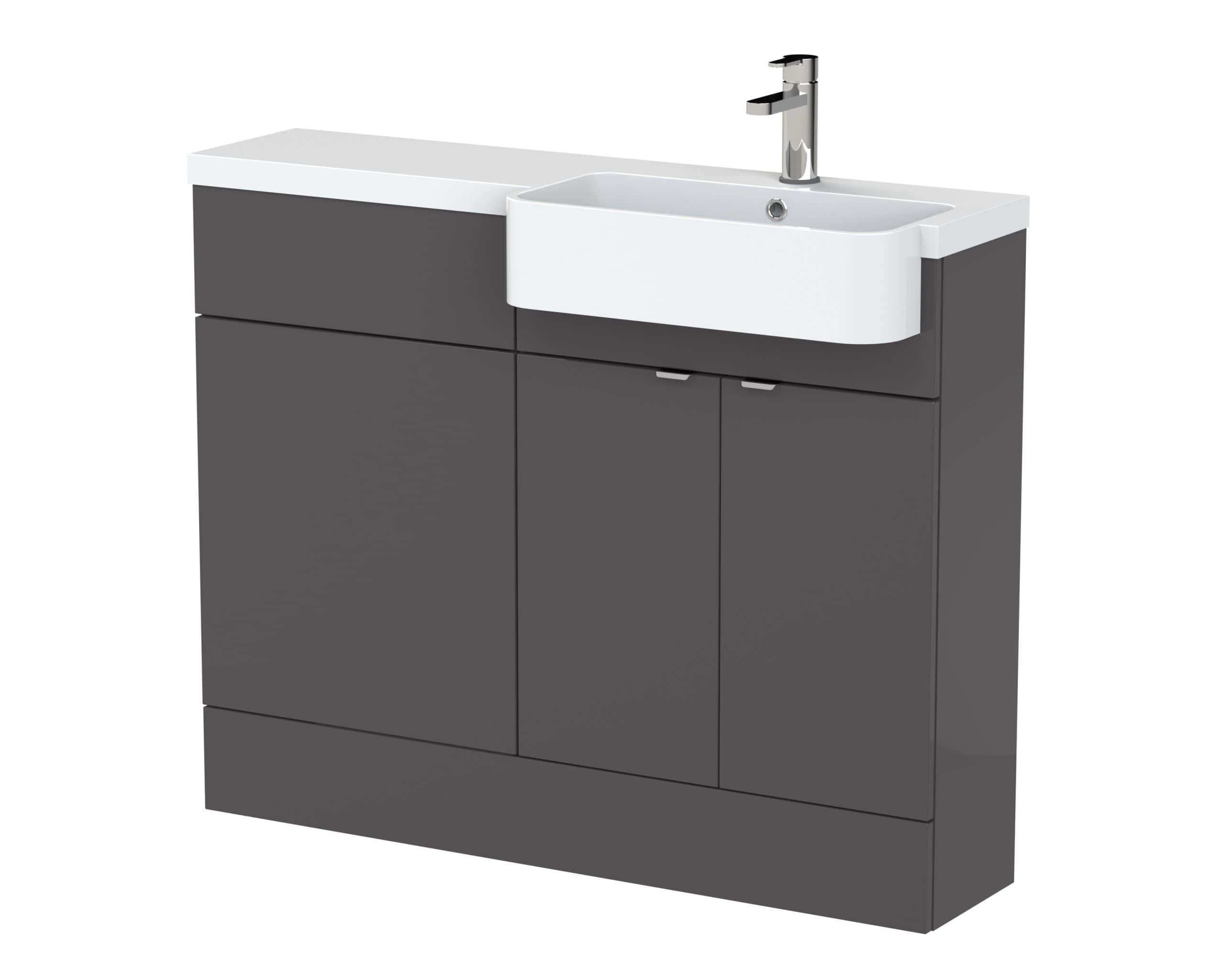 Modern grey bathroom vanity unit with white ceramic sink and chrome tap, sleek storage solution for contemporary bathrooms.