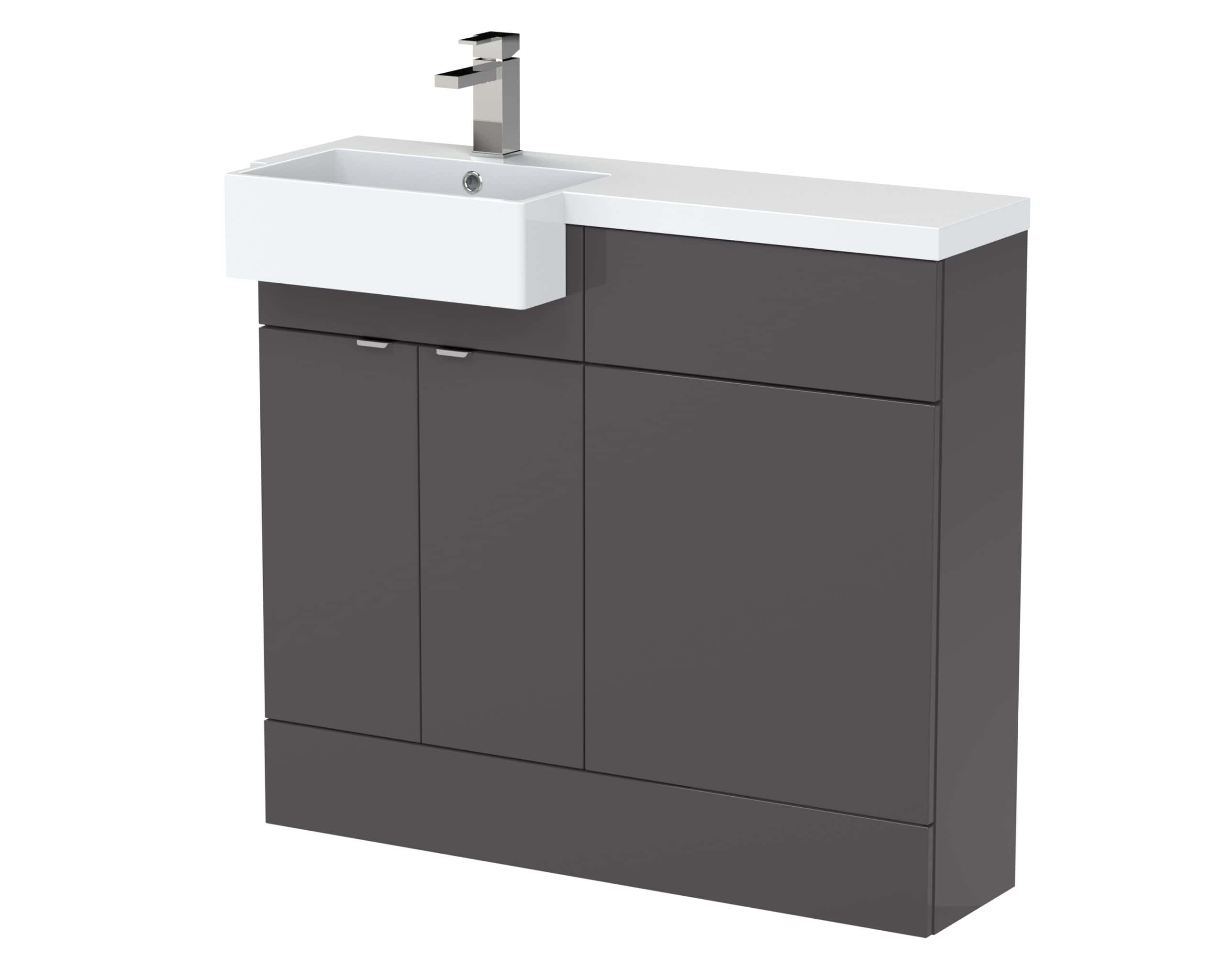 Modern bathroom vanity unit with integrated sink and sleek grey cabinet, perfect for contemporary bathroom designs. Durable, stylish, and functional for everyday use.