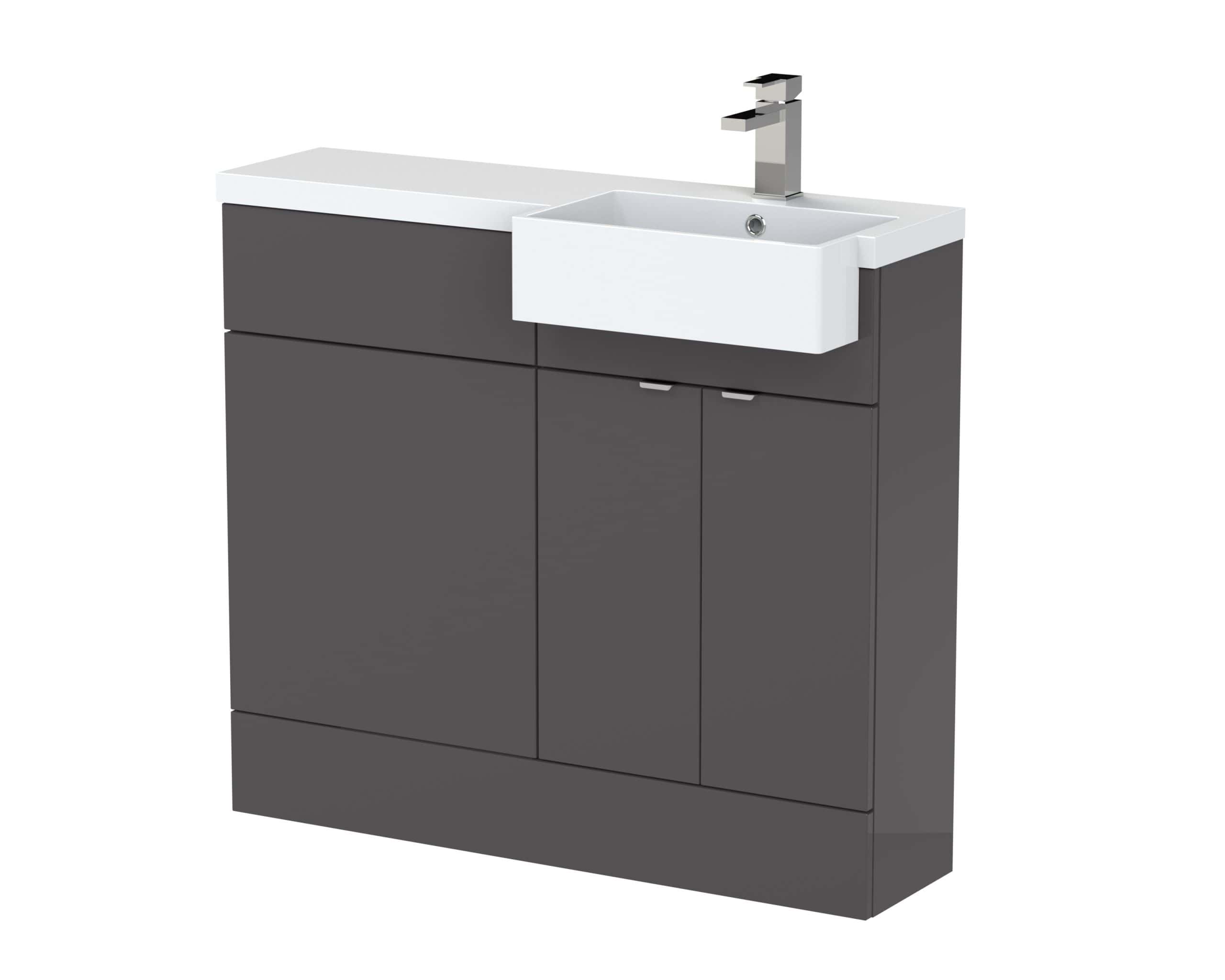 Contemporary grey bathroom vanity unit with integrated ceramic sink and modern chrome tap, ideal for stylish and functional bathroom storage solutions.