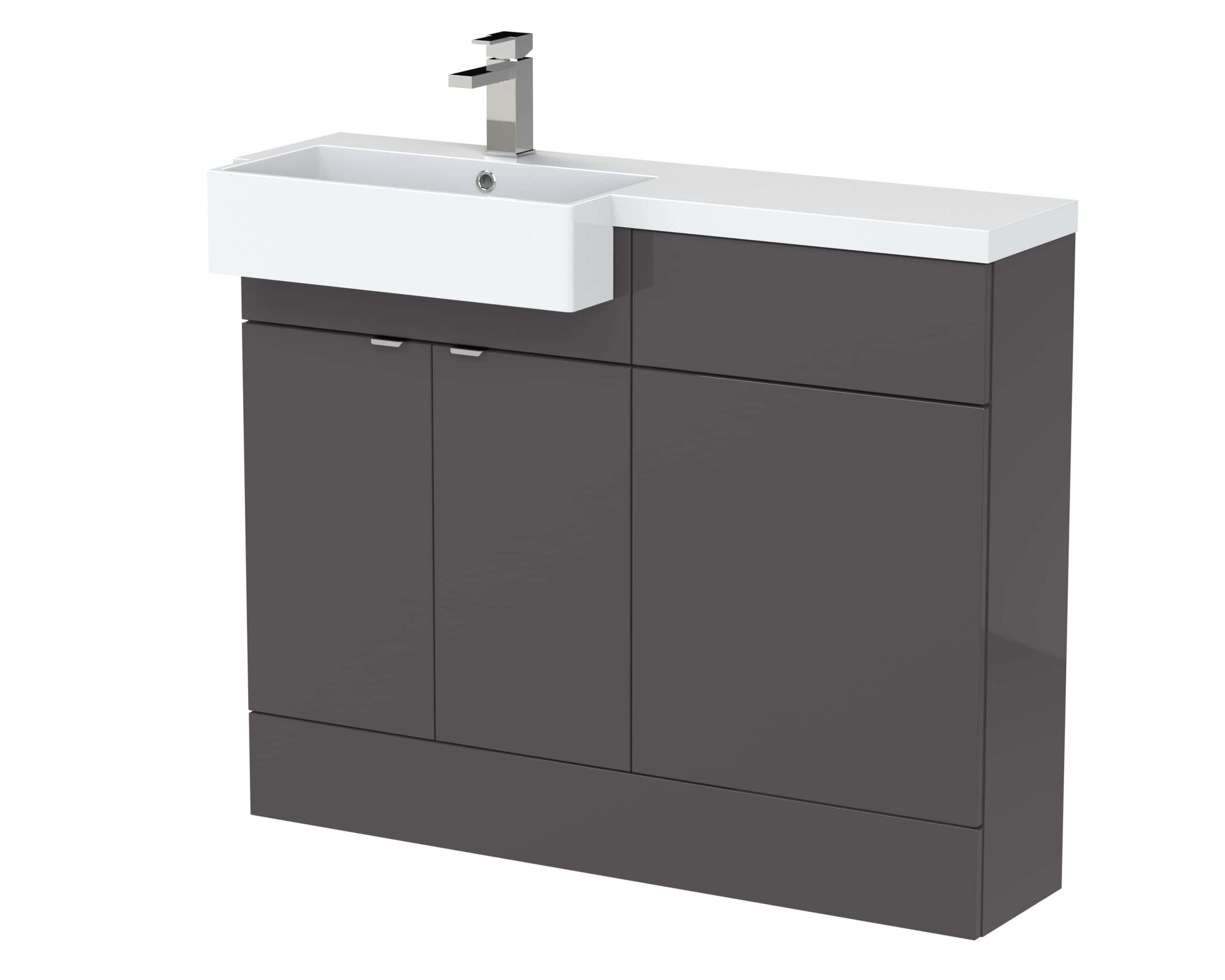 Slimline bathroom vanity unit with integrated sink and modern grey finish, ideal for stylish bathroom storage and design. Perfect for contemporary bathroom renovations and space-saving solutions.