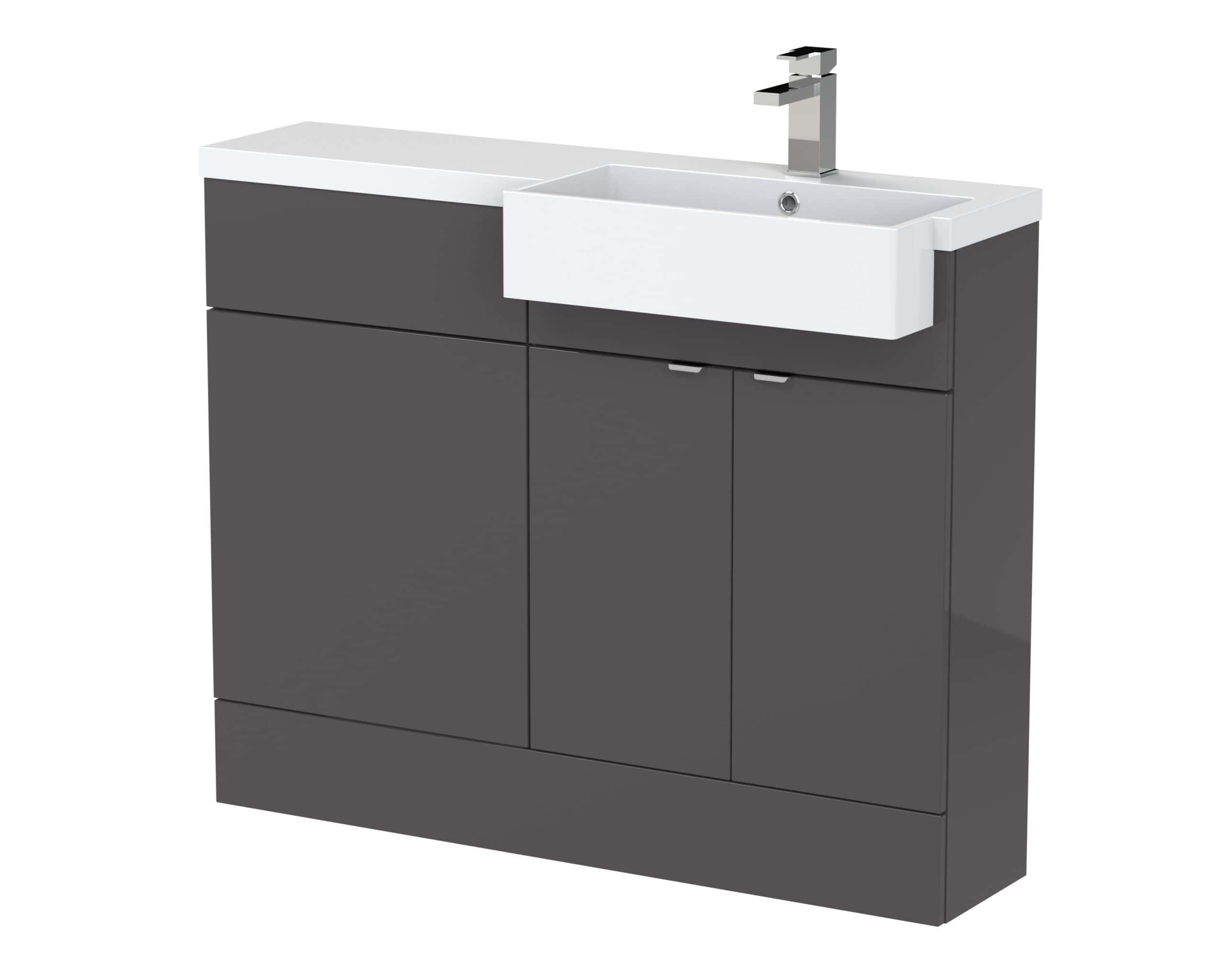 Modern grey bathroom vanity with integrated sink and sleek chrome faucet, ideal for contemporary bathroom designs. Durable storage cabinets for organisation and style.