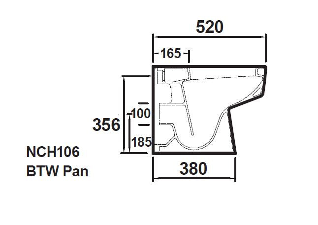 NCH106 BTW Pan bathroom toilet technical drawing with dimensions, ideal for bathroom renovation and design.