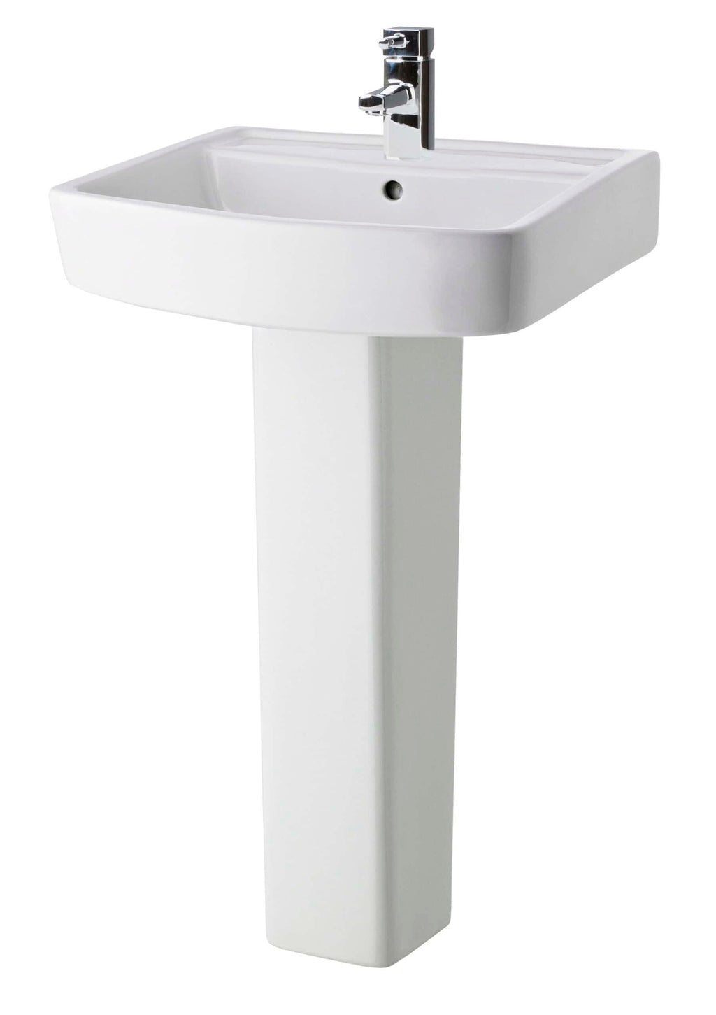 Modern white bathroom pedestal sink with chrome faucet, ideal for contemporary bathroom design, featuring a spacious rectangular basin and a sleek, minimalist style.