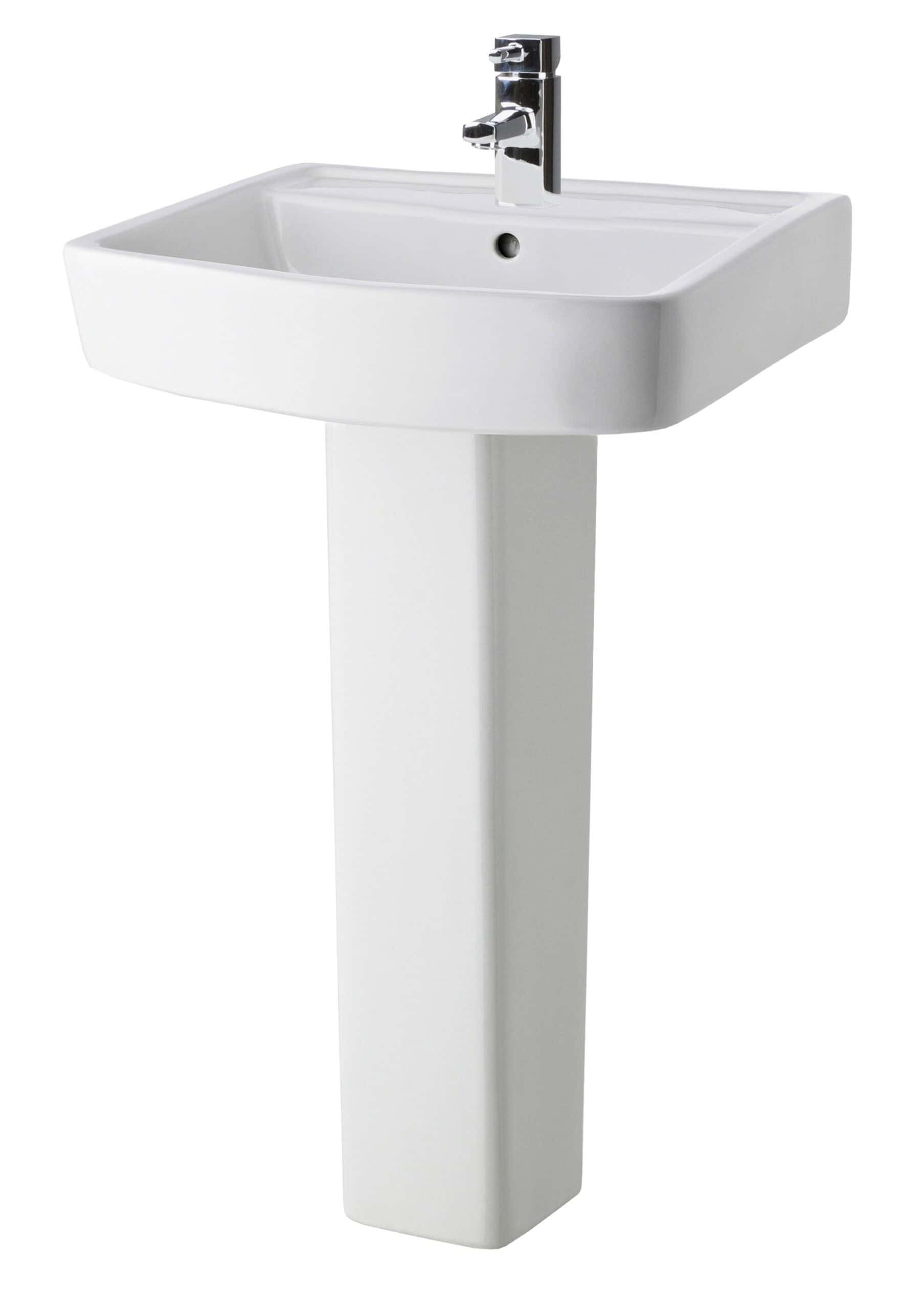 Modern white bathroom pedestal sink with chrome faucet, ideal for contemporary bathroom design, featuring a spacious rectangular basin and a sleek, minimalist style.