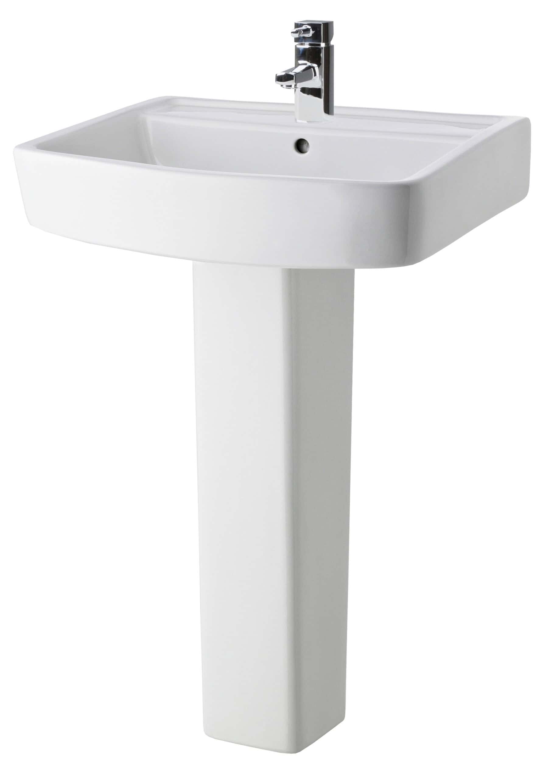 Modern white bathroom pedestal sink with chrome faucet suitable for bathroom renovations and design.