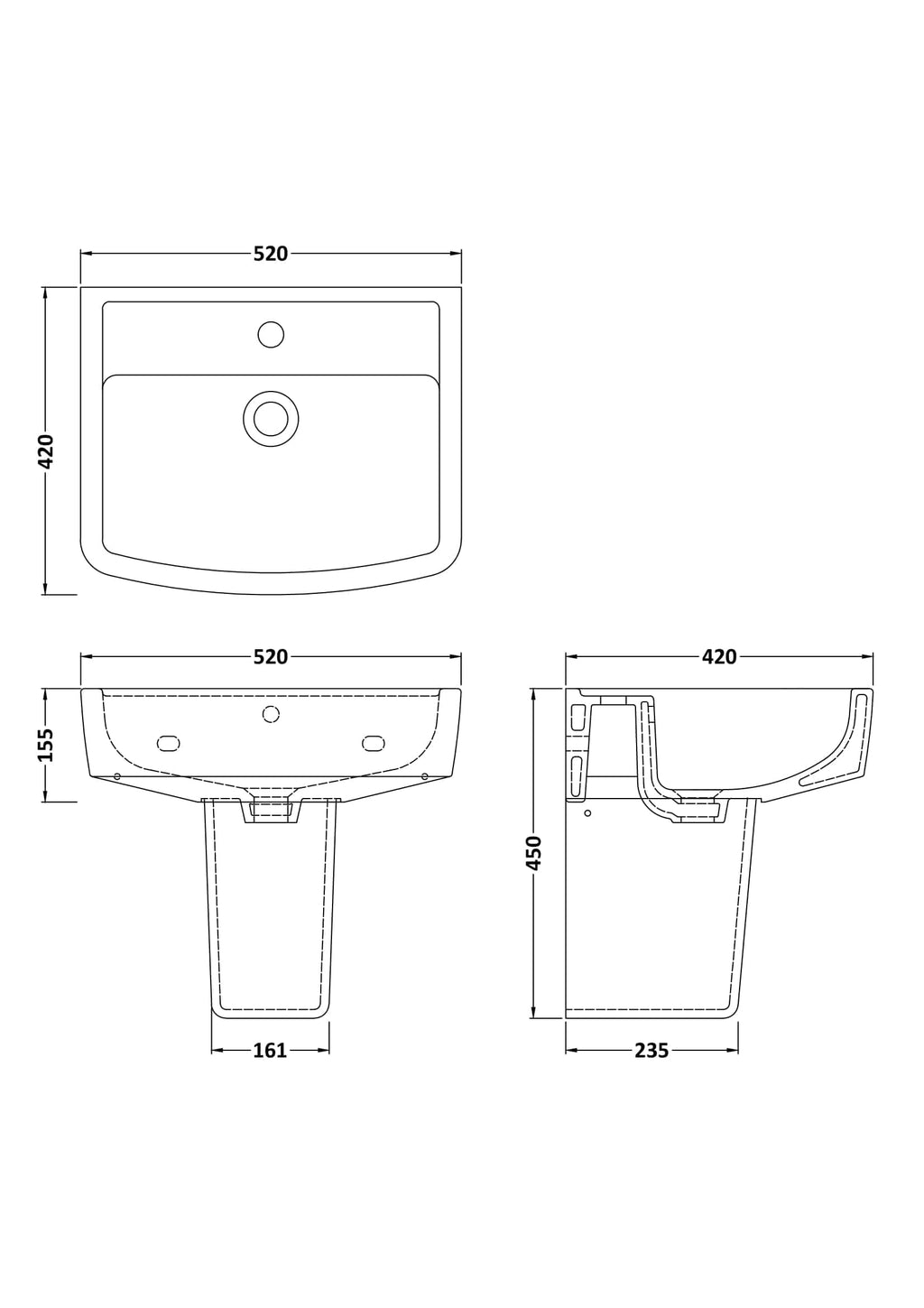 Sleek bathroom sink with modern design, dimensions 520mm x 420mm, featuring a stylish basin, durable materials, and easy installation for contemporary bathrooms.