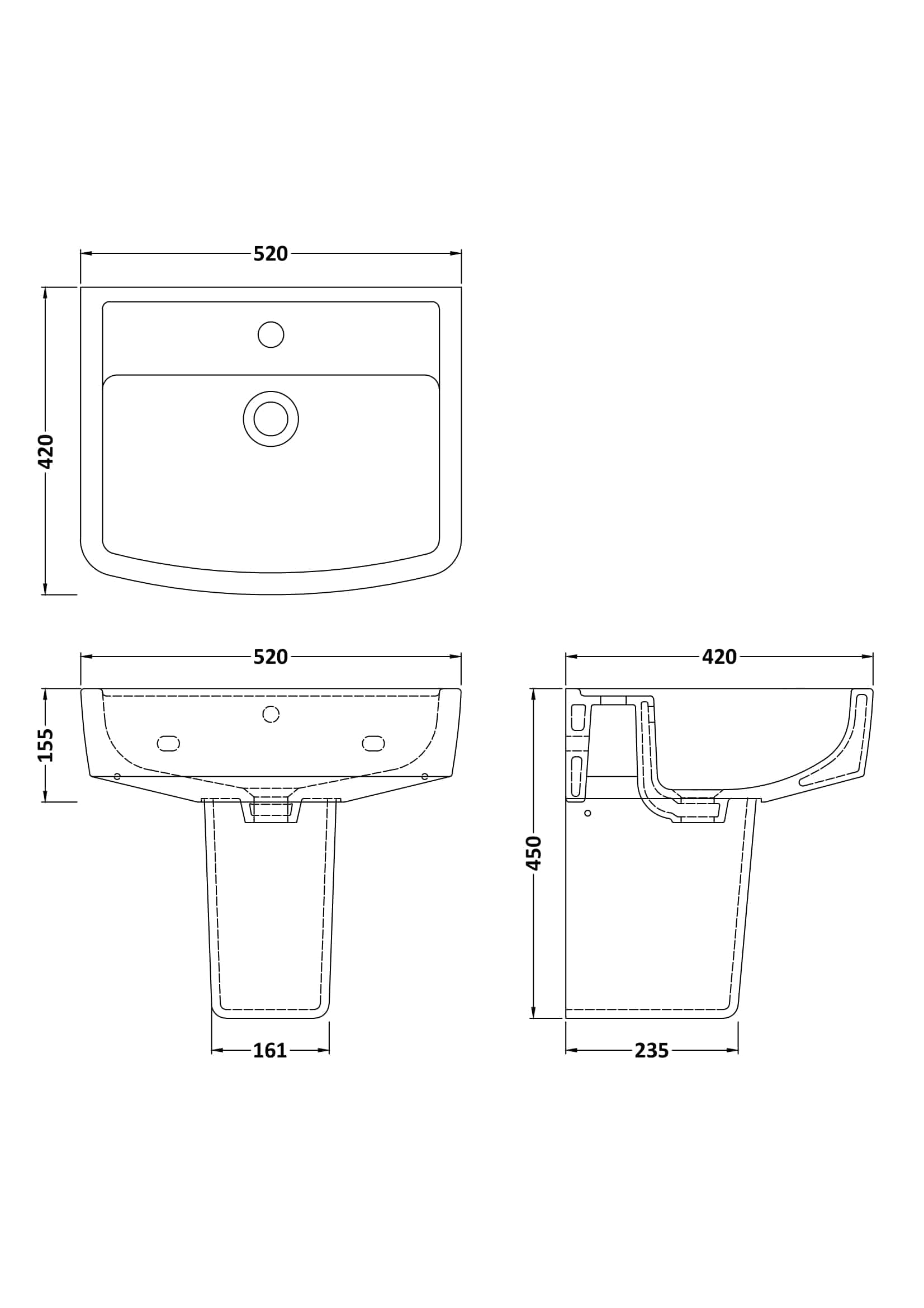 Sleek bathroom sink with modern design, dimensions 520mm x 420mm, featuring a stylish basin, durable materials, and easy installation for contemporary bathrooms.