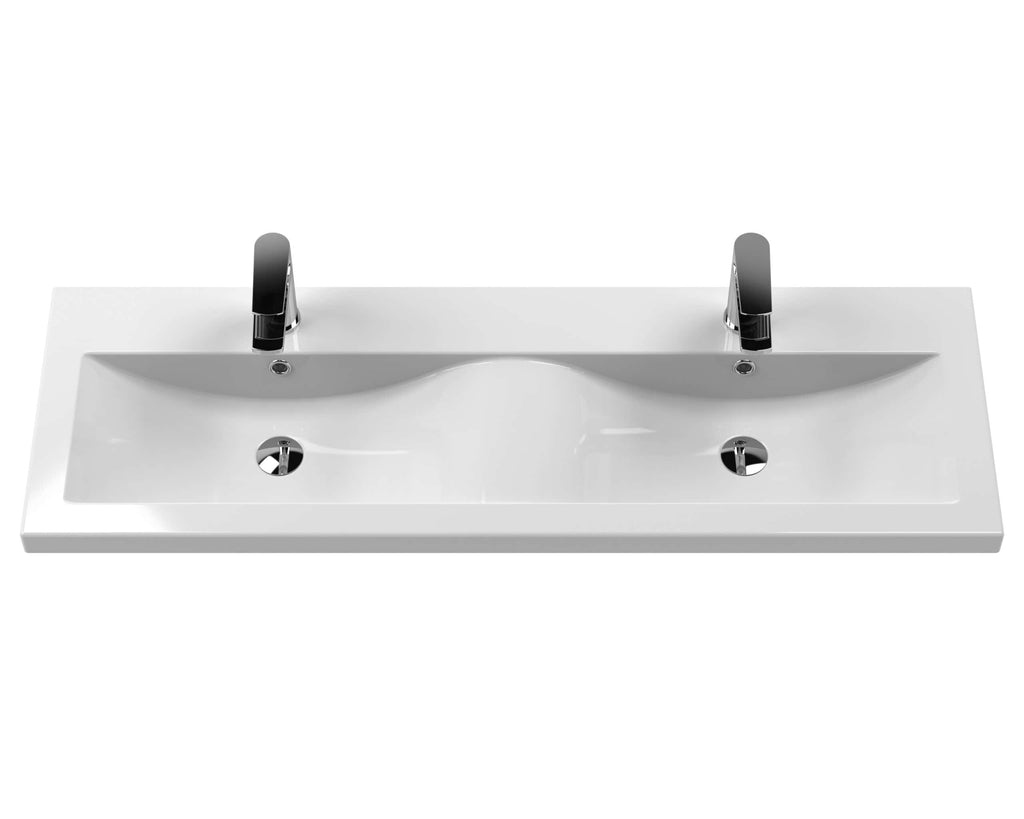Shallow double bathroom sink with modern black taps and ceramic finish, designed for contemporary bathroom aesthetics, ideal for stylish and functional bathroom interiors.
