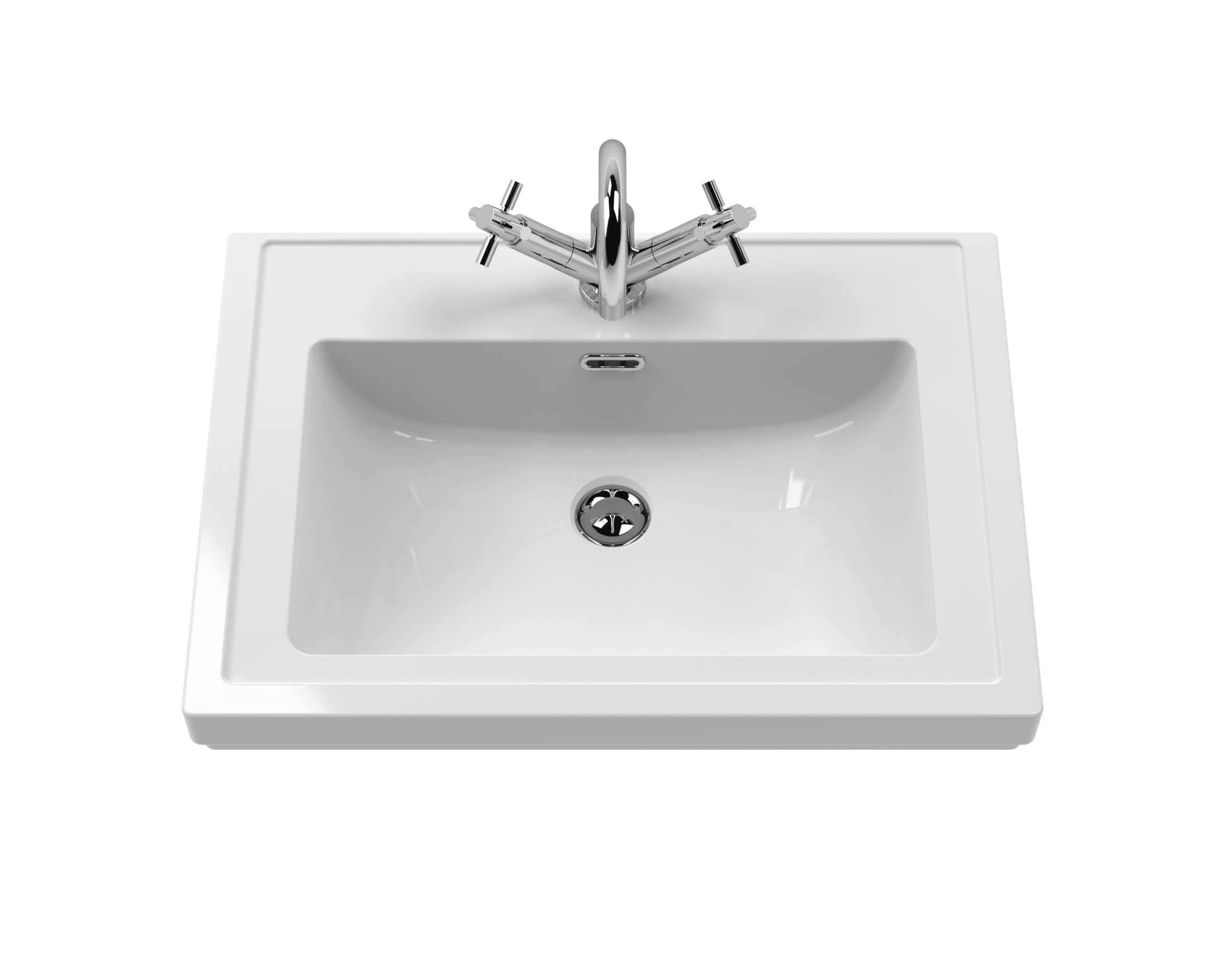 Polished white bathroom sink with chrome mixer tap and drain, ideal for modern bathroom designs, showcasing quality and style from Bubly Bathrooms.