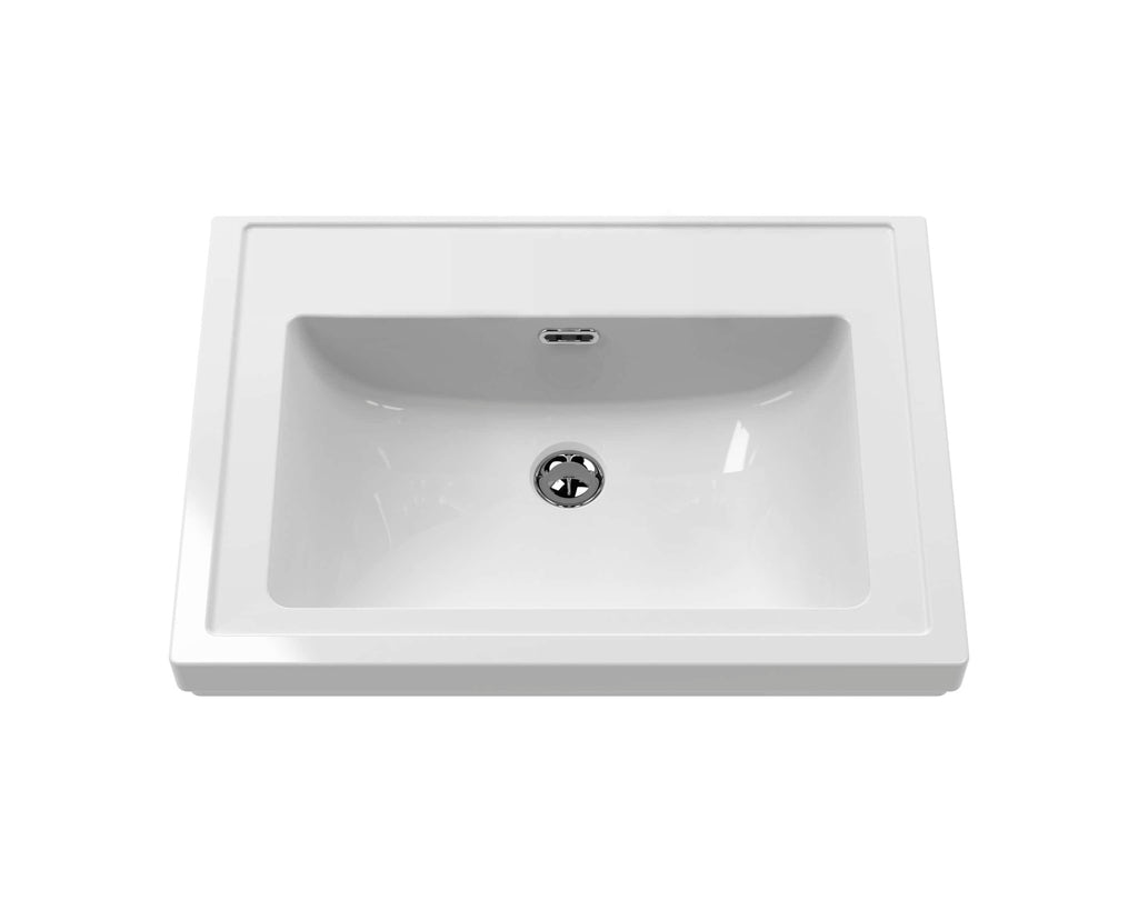 Sleek white bathroom sink with modern chrome drain and overflow, designed for contemporary bathrooms. Durable ceramic material ideal for stylish and functional bathroom renovations.